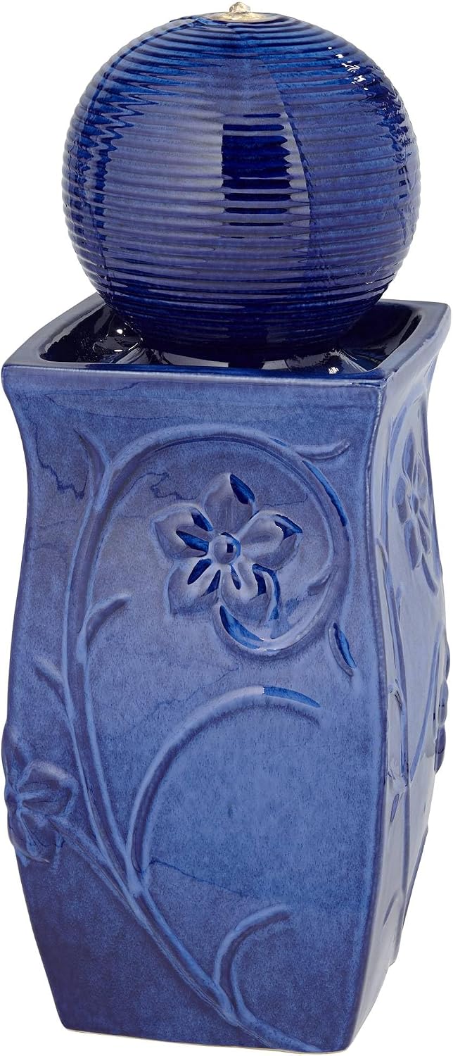 Periwinkle 29 1/4' High Large Zen Outdoor Cottage Core Decor Blue Ceramic Floor Fountain with Light LED Ball Standing Sphere Bubbler Water Feature for Outside Garden Patio Yard - John Timberland