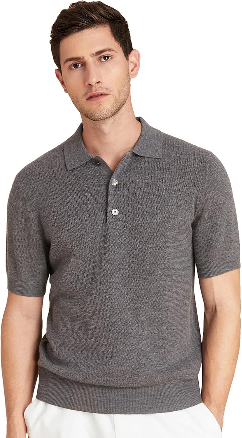 GreenMount Men's Merino Wool Polo Shirt Jacquard Short Sleeve Soft Light Weight
