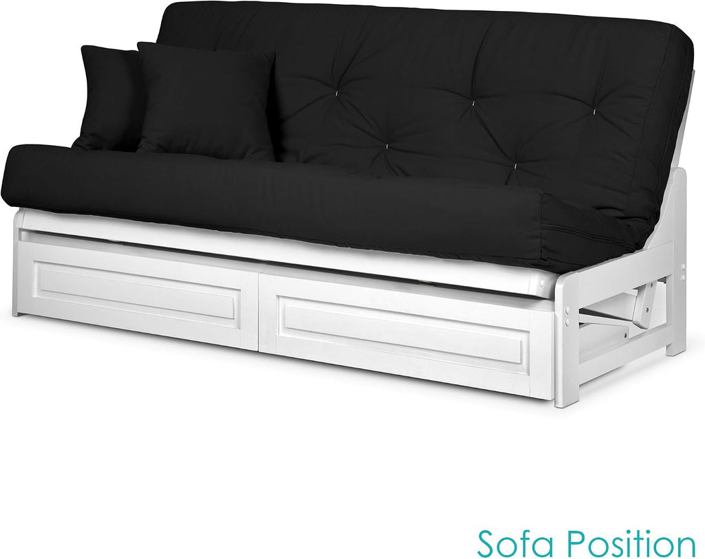 Nirvana Futons Arden White Futon with Storage Drawers Queen Size - Minimalist Armless Design with 8 Inch Comfortable Mattress (Twill Black), Sofa Bed Available in