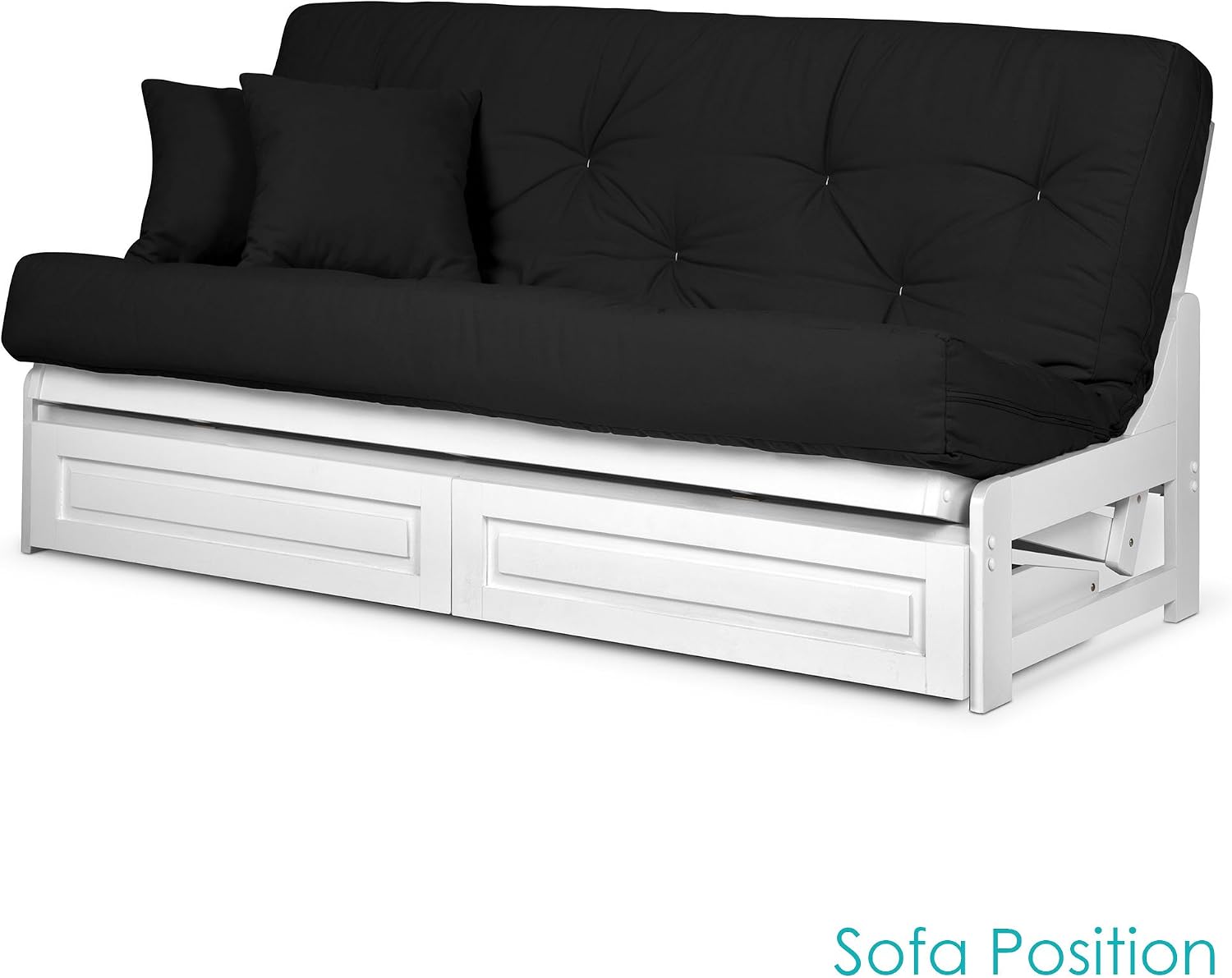 Nirvana Futons Arden White Futon with Storage Drawers Queen Size - Minimalist Armless Design with 8 Inch Comfortable Mattress (Twill Black), Sofa Bed Available in