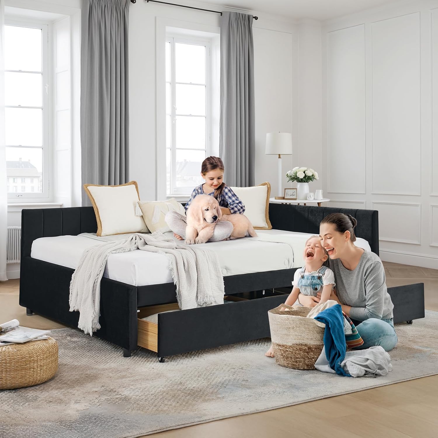Daybed with Storage Drawers,Full Size Daybed with Stripes,Velvet L-Shaped Corner Bed Frame,Wood Day Bed Frame,Upholstered Sofa Bed for Living Room/Bedroom/Guest Room,No Box Spring Needed,Black