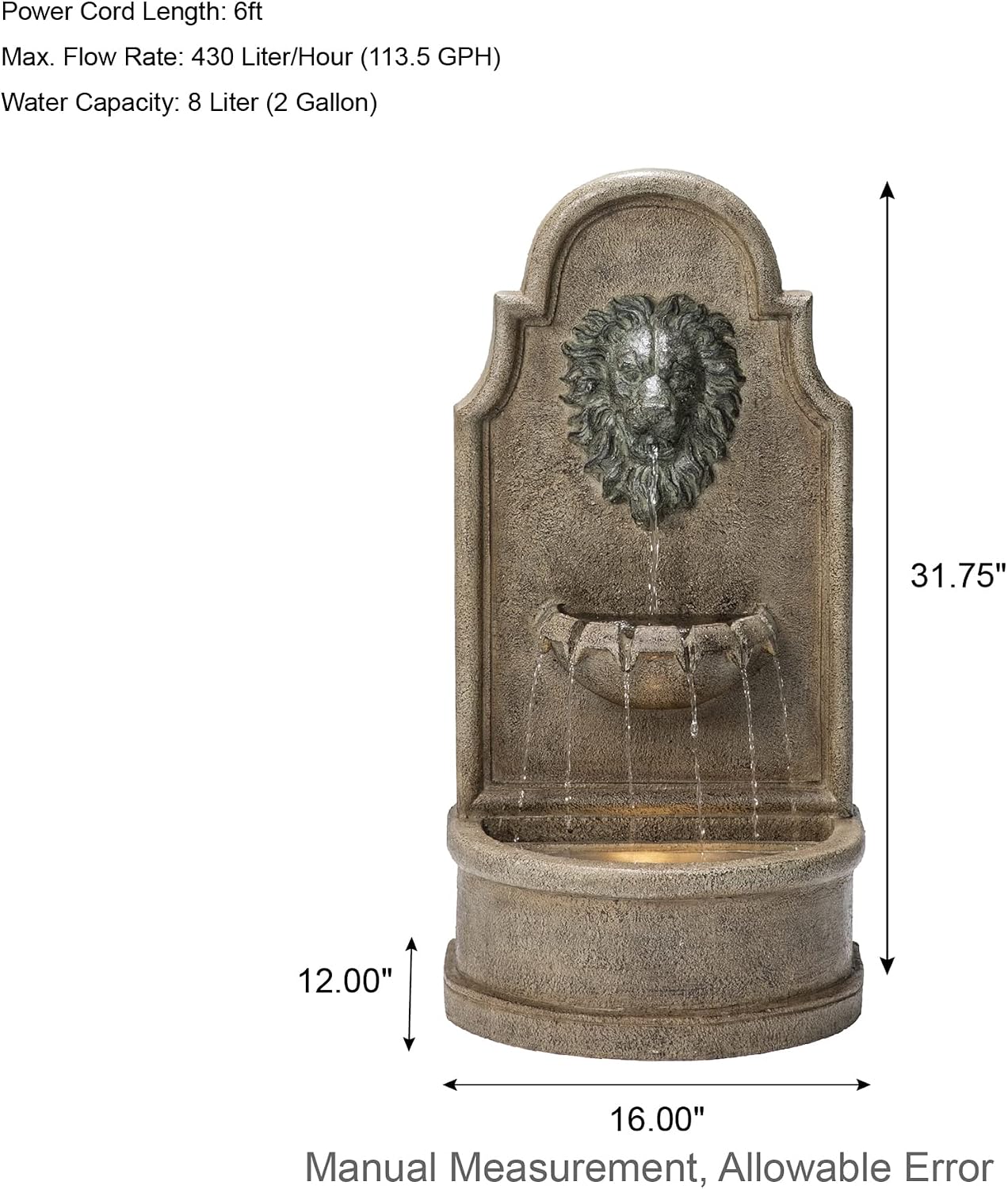Glitzhome 3-Tier Outdoor Water Fountain with LED Light, Oversized Vintage European Style Lion Head Waterfall Fountains, Rustic Faux Granite Fountain for Garden Patio Deck Porch, 31.75'H