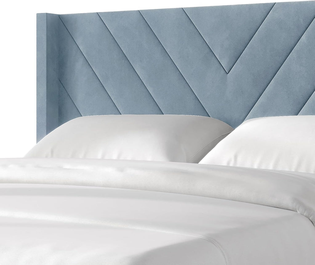 Queen Platform Bed Frame with Chevron-Stitched Wingback Headboard, Velvet Upholstery, No Box Spring Needed, Easy Assembly, Light Blue