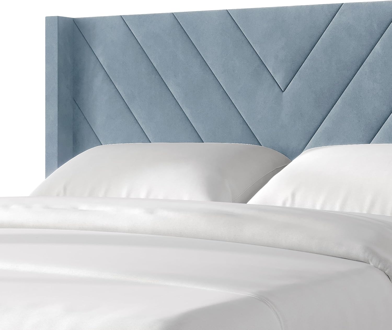 Queen Platform Bed Frame with Chevron-Stitched Wingback Headboard, Velvet Upholstery, No Box Spring Needed, Easy Assembly, Light Blue