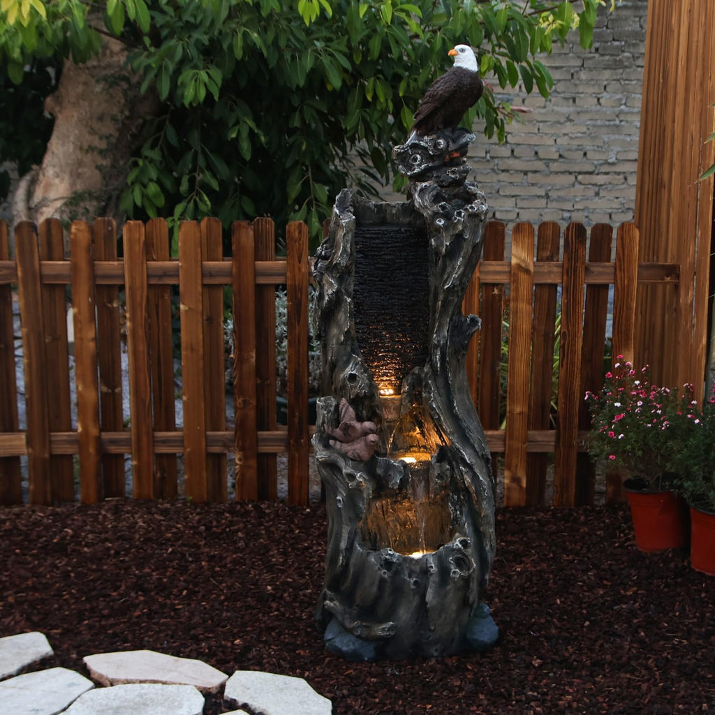 YZM 50.79' H Outdoor Rainforest Waterfall Tree Trunk Fountain with Bald Eagle Outdoor Cascading Water Feature for Garden Patio Backyard Landscape Décor 3-Tier Water Fountains