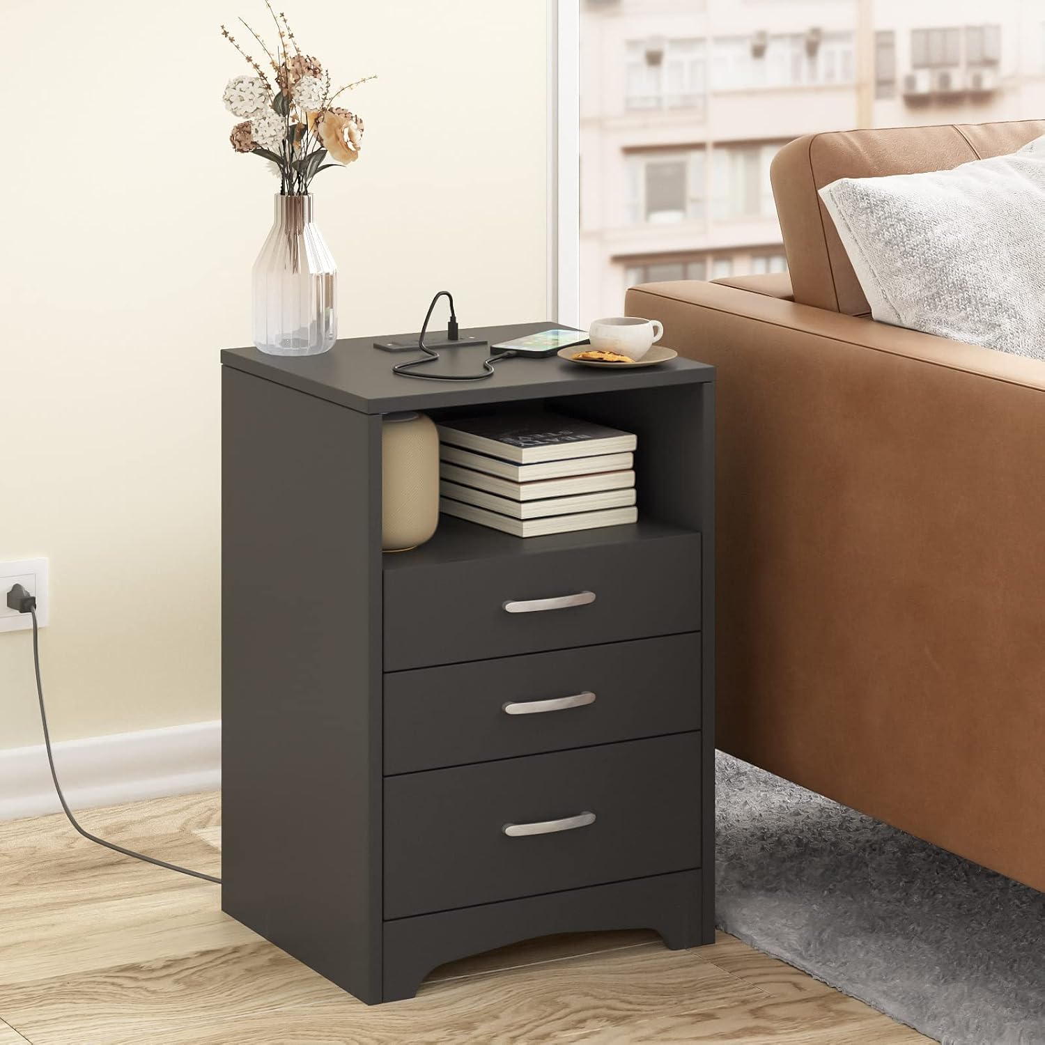 Black Nightstand Set of 2, 3 Drawer Nightstand with Charging Station Side Table with Open Storage Bedside End Table NightStands Storage Cabinet for Bedroom