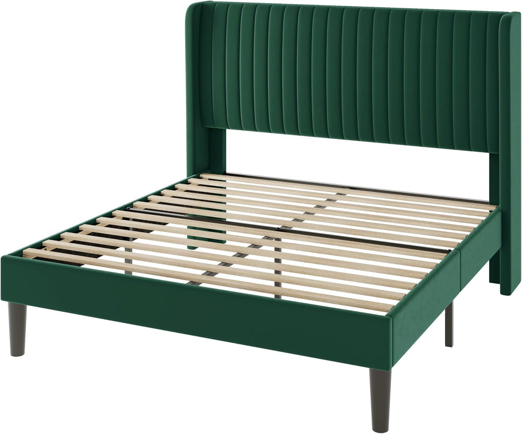 Allewie Full Size Bed Frame/Velvet Upholstered Platform Bed/Vertical Channel Tufted Wingback Headboard/Strong Wooden Slats/No Box Spring Needed/Easy Assembly/Green