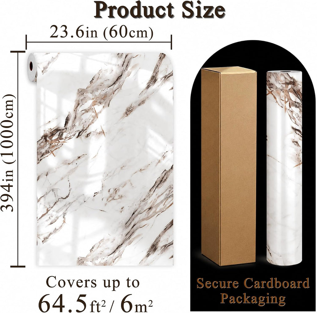 Brown Carrara Marble Peel and Stick Wallpaper, Glossy Texture Vinyl Wall Panels, Waterproof Renter Friendly, 23.6' x 394', TV Accent Wall, Bathroom, Foyer, Coffee Shop Decor