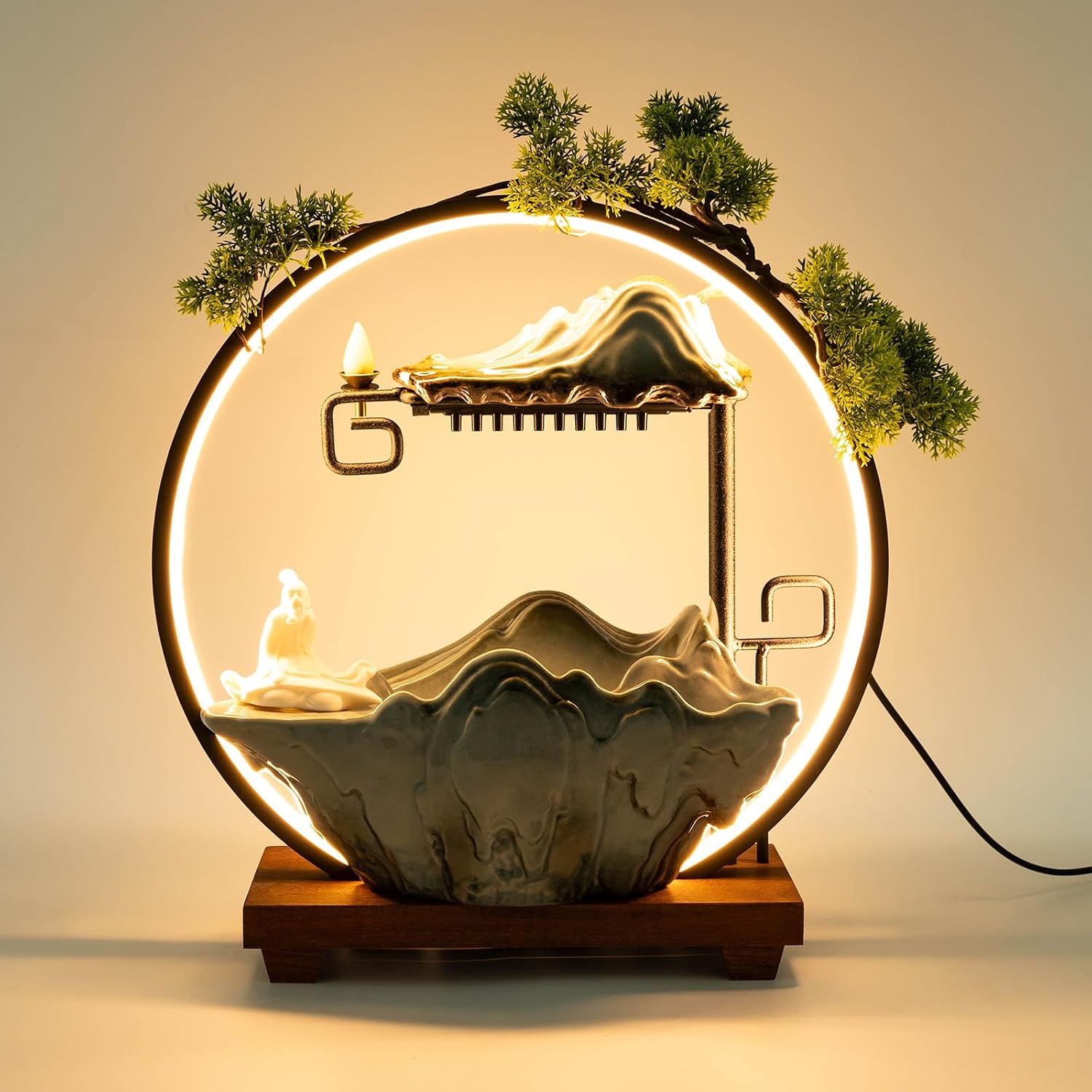 Indoor Tabletop Water Fountain - Round LED Light, Table Fish Tank, Mist Maker, Backflow Incense Burner, Indoor Zen Relaxation for Home Office Bedroom Living Room Decor