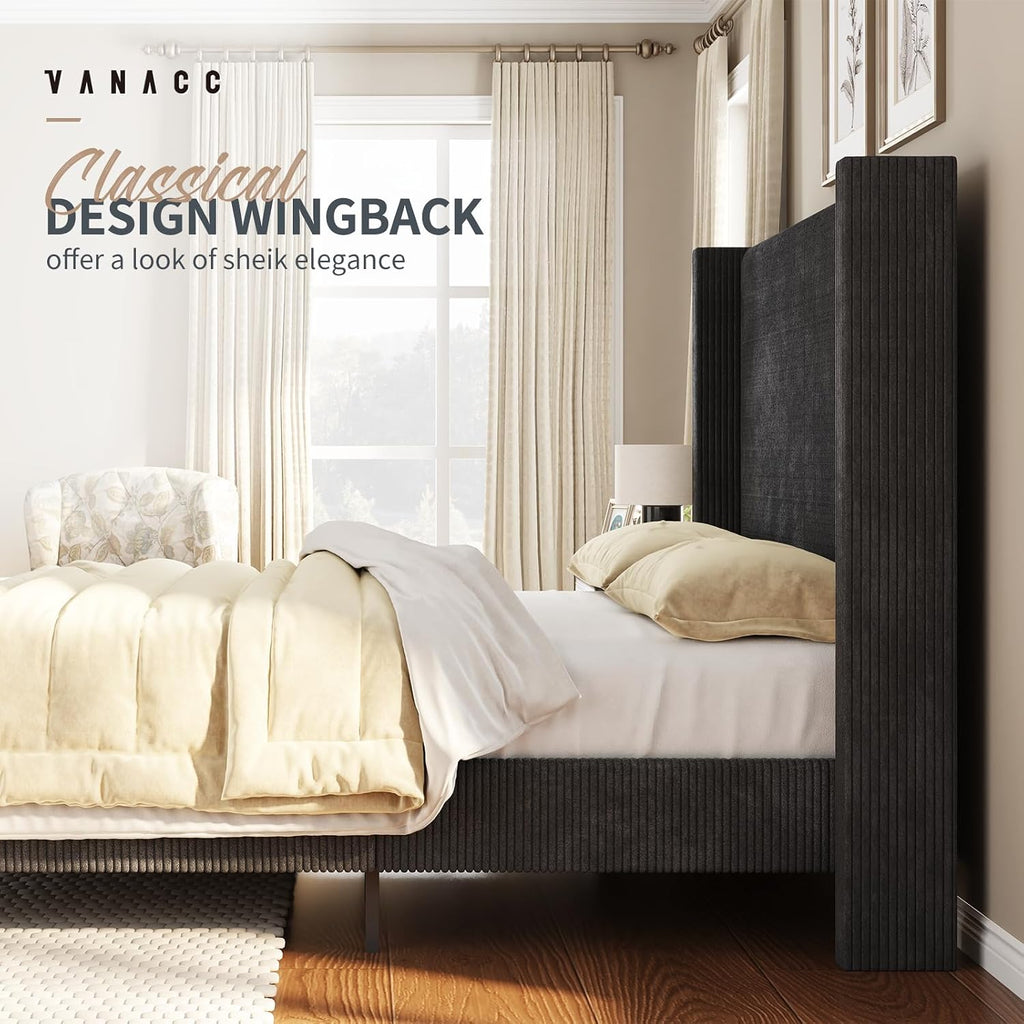 VanAcc Queen Size Platform Bed Frame, 50.8' Corduroy Upholstered Bed with Vertical Channel Tufted Headboard/Wooden Slats/Wingback/No Box Spring Required/Black