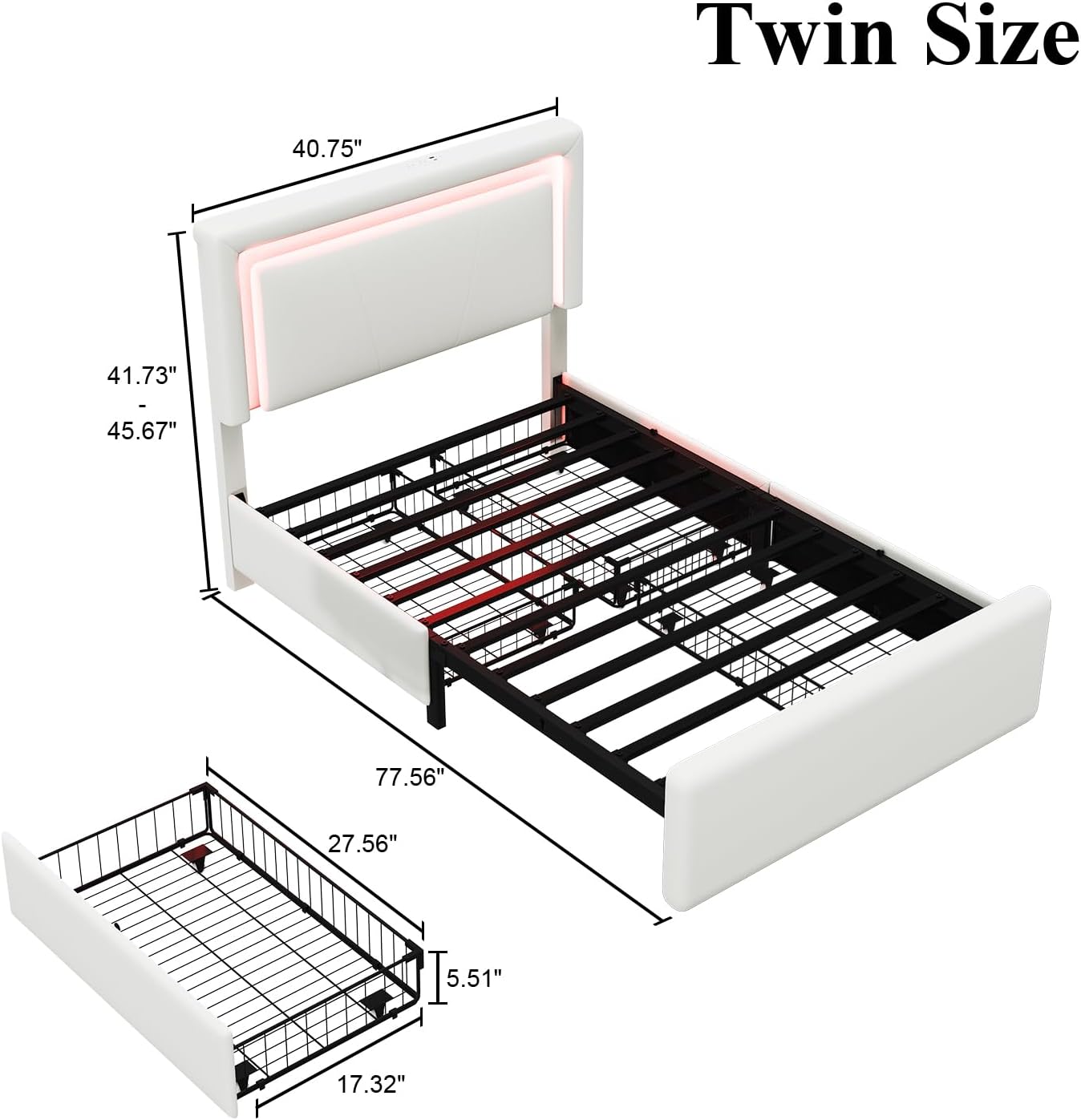 LoVinson Twin Size Bed Frame with 4 Storage Drawers, Charging Station and LED Light, Adjustable Upholstered Headboard, Noise-Free, No Box Spring Needed, Easy Assembly, White