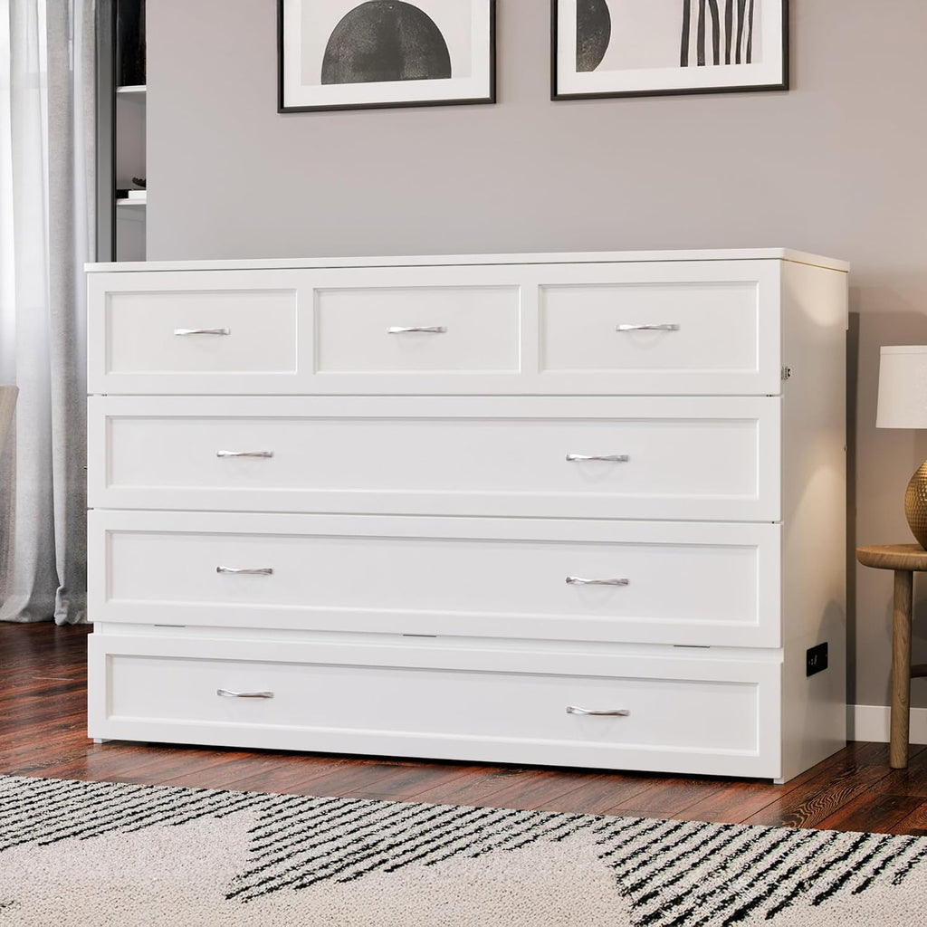 AFI Northfield Queen Size Murphy Bed Chest with Mattress, Storage, & Built-in Charger in White