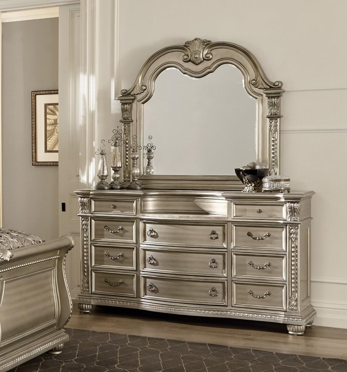 Traditional Classic 5 Pieces Cal-King Size Set Silver Finish Faux Leather Upholstered Bed Classic Design Marble Top Formal Bedroom Furniture