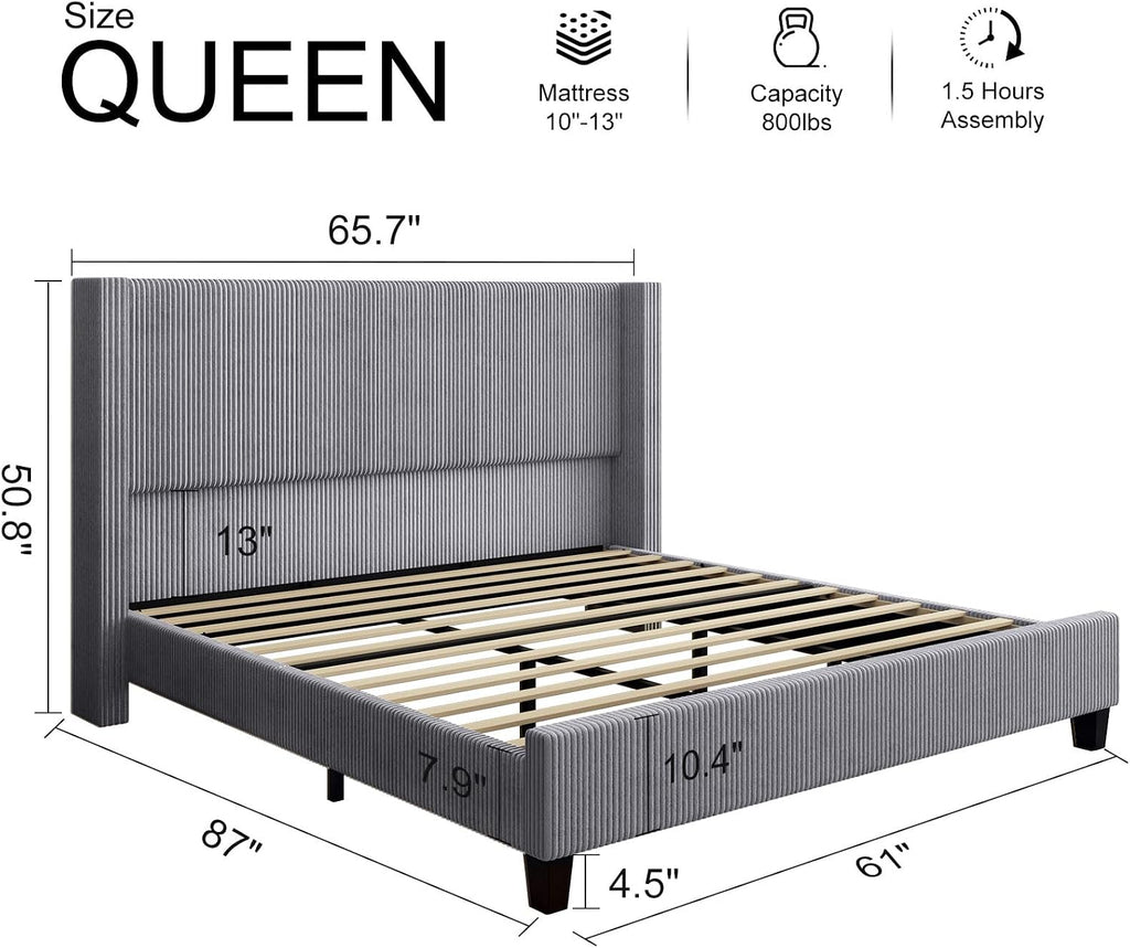 HOWE Queen Size Bed Frame with 50.8' Tall Wingback Headboard, Modern Corduroy Upholstered Platform Bed Frame with Solid Wood Slats & Legs, No Box Spring Needed, Noise-Reducing Design, Grey