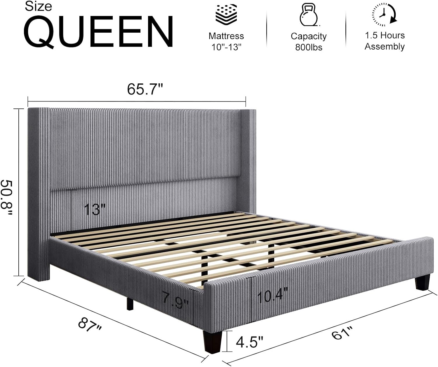 HOWE Queen Size Bed Frame with 50.8' Tall Wingback Headboard, Modern Corduroy Upholstered Platform Bed Frame with Solid Wood Slats & Legs, No Box Spring Needed, Noise-Reducing Design, Grey