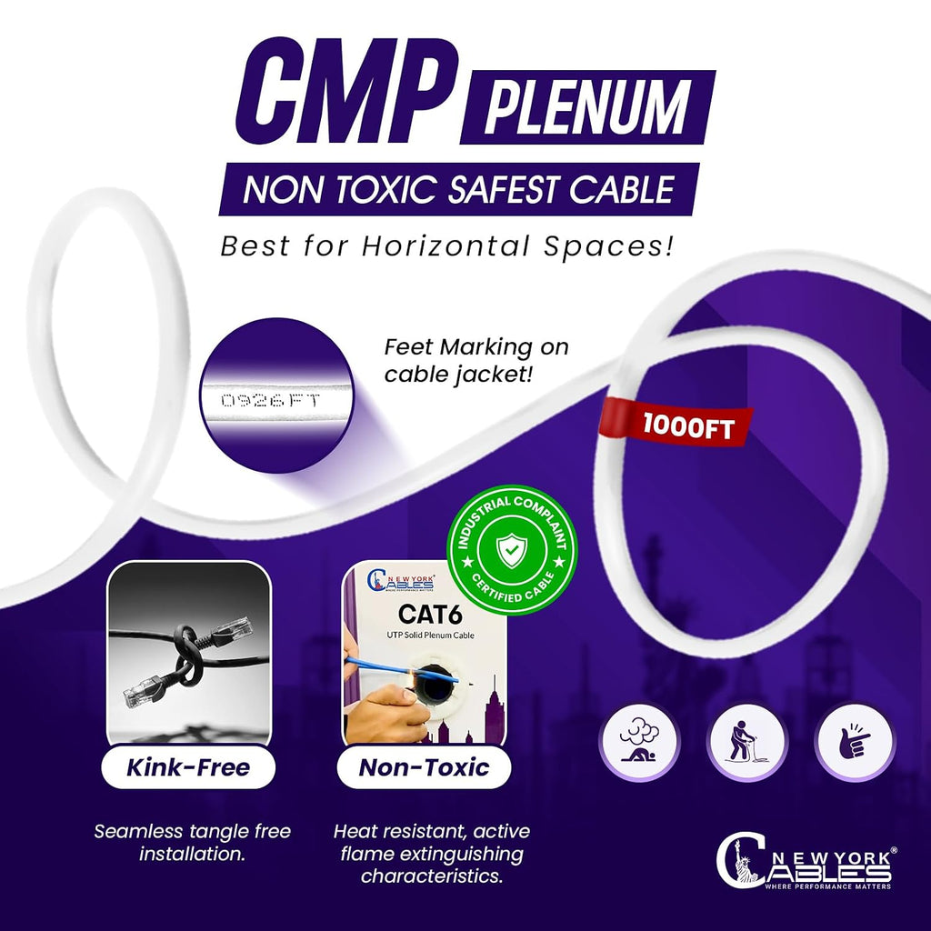 Newyork Cables | CAT6 Plenum Cable 1000ft | 23AWG, UTP 4Pairs, 550MHz 10Gbps Most Certified (CMP) Rated | Fire-Resistant Jacket | Bulk Cat 6 Ethernet Cable for Networking (Solid Conductor, White)