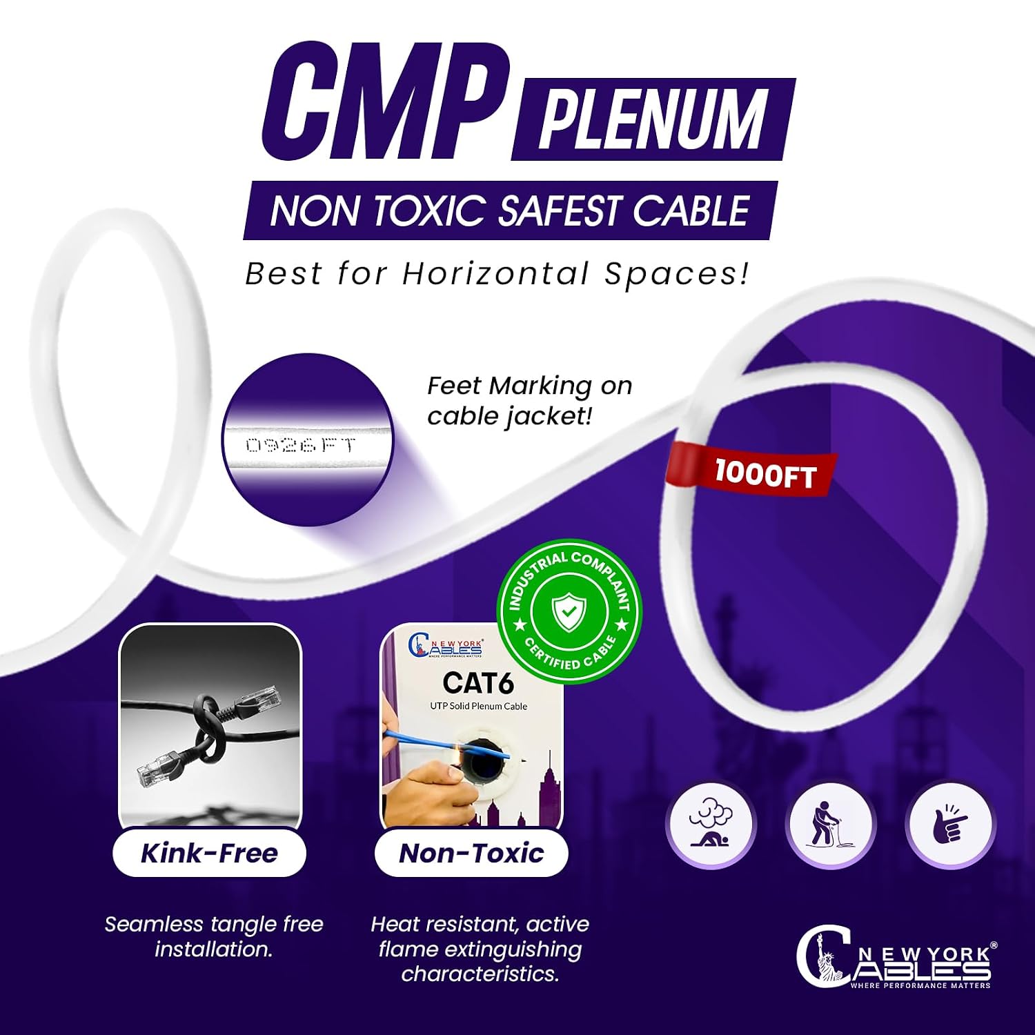Newyork Cables | CAT6 Plenum Cable 1000ft | 23AWG, UTP 4Pairs, 550MHz 10Gbps Most Certified (CMP) Rated | Fire-Resistant Jacket | Bulk Cat 6 Ethernet Cable for Networking (Solid Conductor, White)