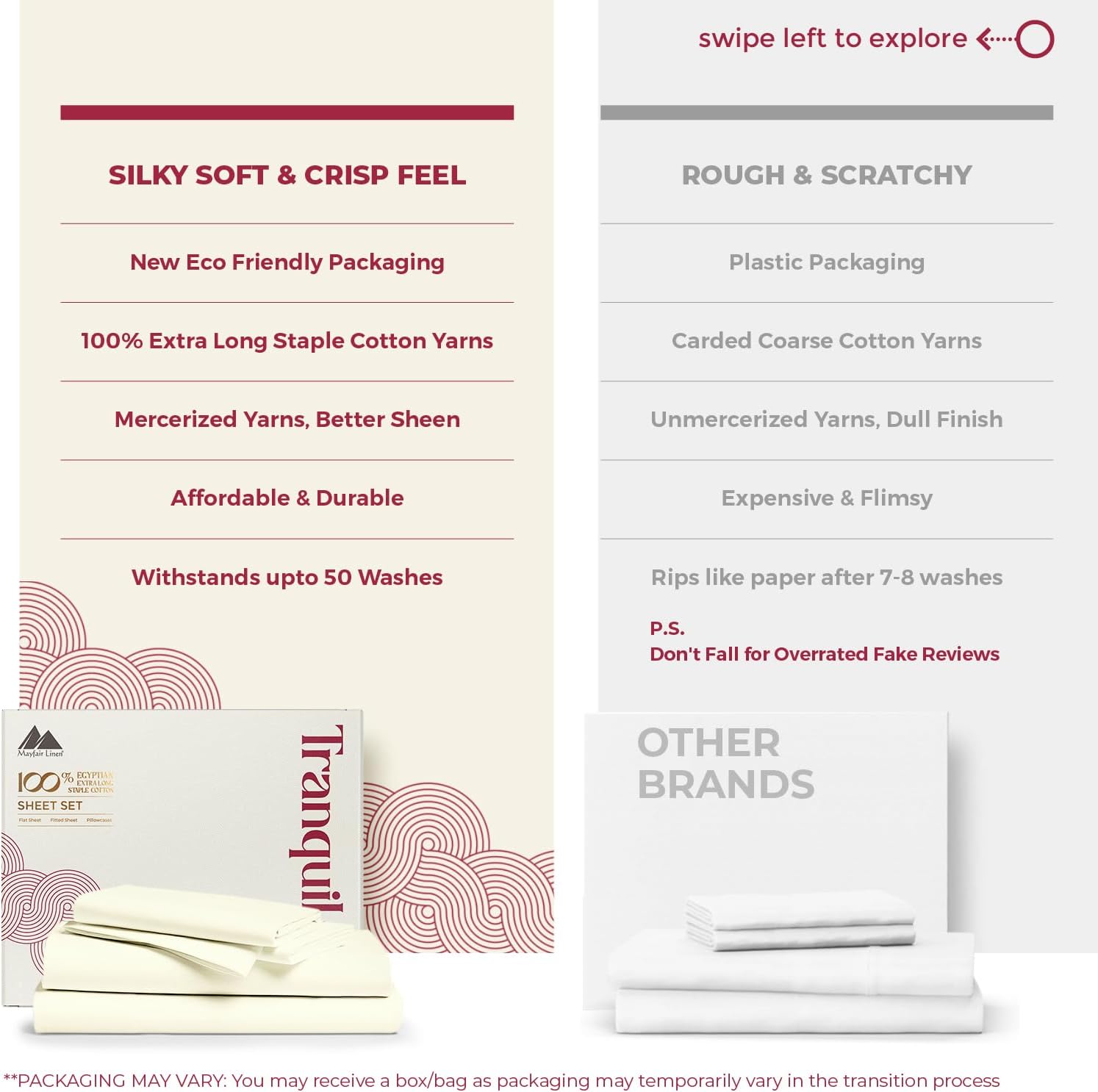 Mayfair Linen 100% Egyptian Cotton California King Sheet Sets - Luxury 800 Series Tranquil Collection Egyptian Cotton Cal King Sheets (6 PC, Ivory), Soft Cooling 16' Deep Pocket Hotel Sheet Set
