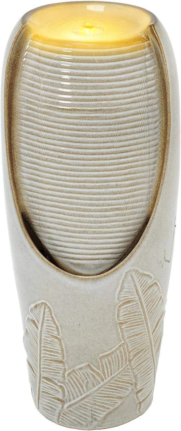 32' H Outdoor Garden Fountain with LED Lights, Modern Ceramic Jar Water Feature, Tropical Leaf Embossed Pattern, Beige Glaze, Soothing Cascading Waterfall for Patio, Yard, Porch