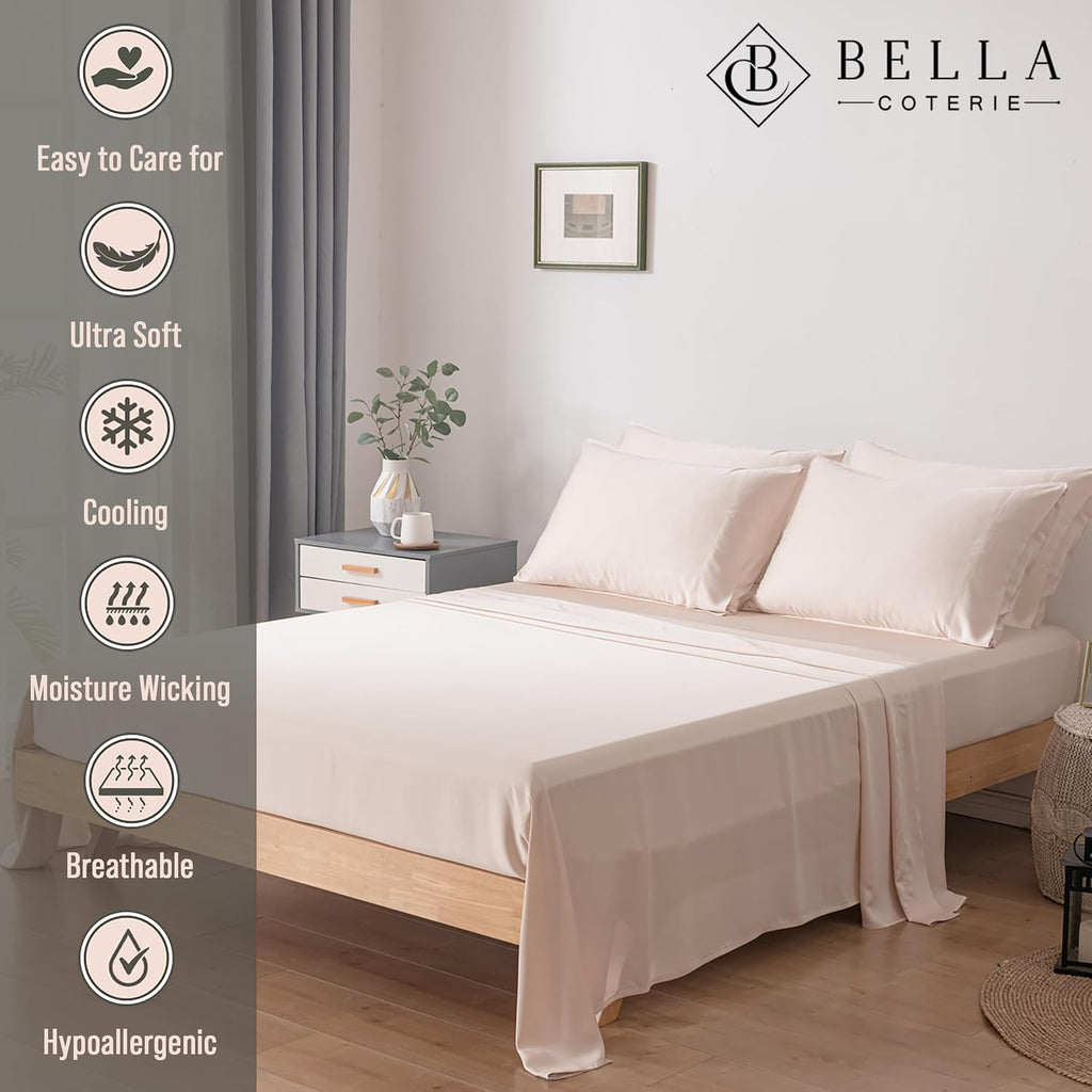 Bella Coterie 6 Piece Luxury Bamboo Viscose King Size Sheet Set | 100% Organically Grown | Cooling for Hot Sleepers | 18' Deep Pocket | Soft & Hypoallergenic | 4 Pillowcases [Champagne]