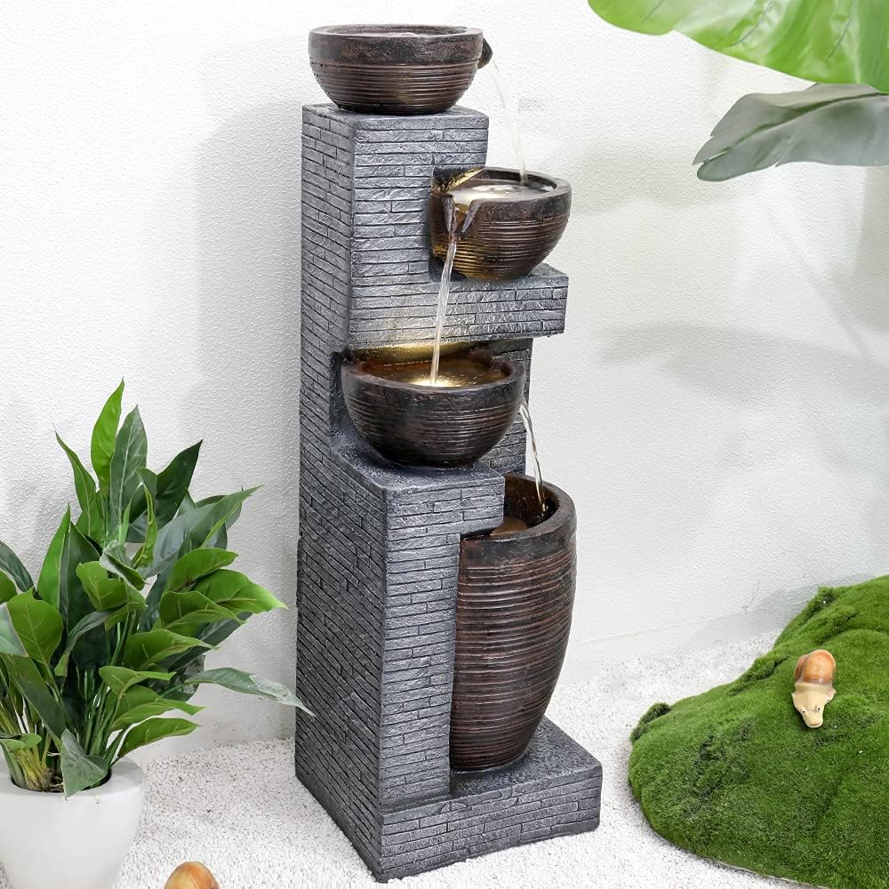 SunJet Indoor/Outdoor Cascading Water Fountain - 40.1inches Garden Fountains with Warm Lights, 4 Bowls Waterfall Feature for Home Deck, Patio, Porch, Yard Decor