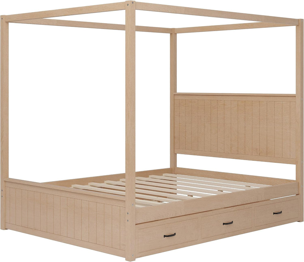 Queen Size Canopy Bed with Trundle and Three Storage Drawers, 4-Post Wood Bed Frame with Headboard, No Box Spring Needed (Natural)