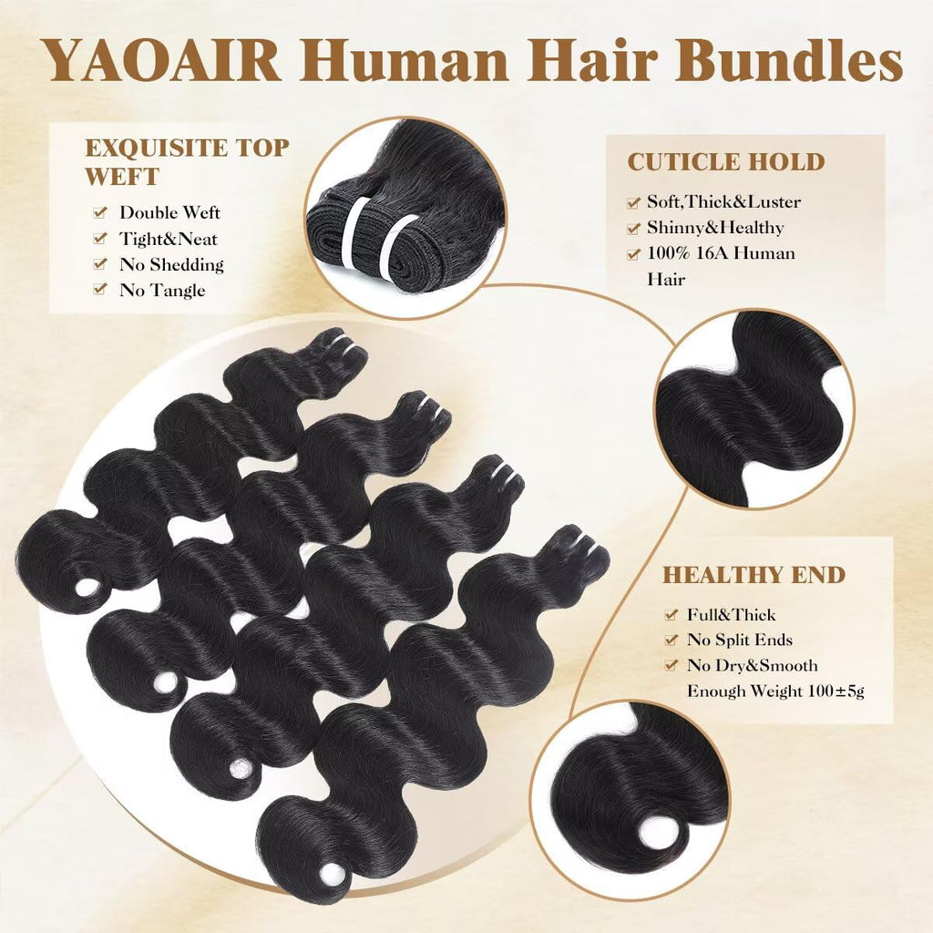 16A Raw Human Hair Bundles,3 Bundles 14 16 18 Inch Body Wave Bundles Human Hair,100% Unprocessed Brazilian Virgin Hair,Quick Weave,Hair Extensions Natural Black For Women,3X Longer Lifespan