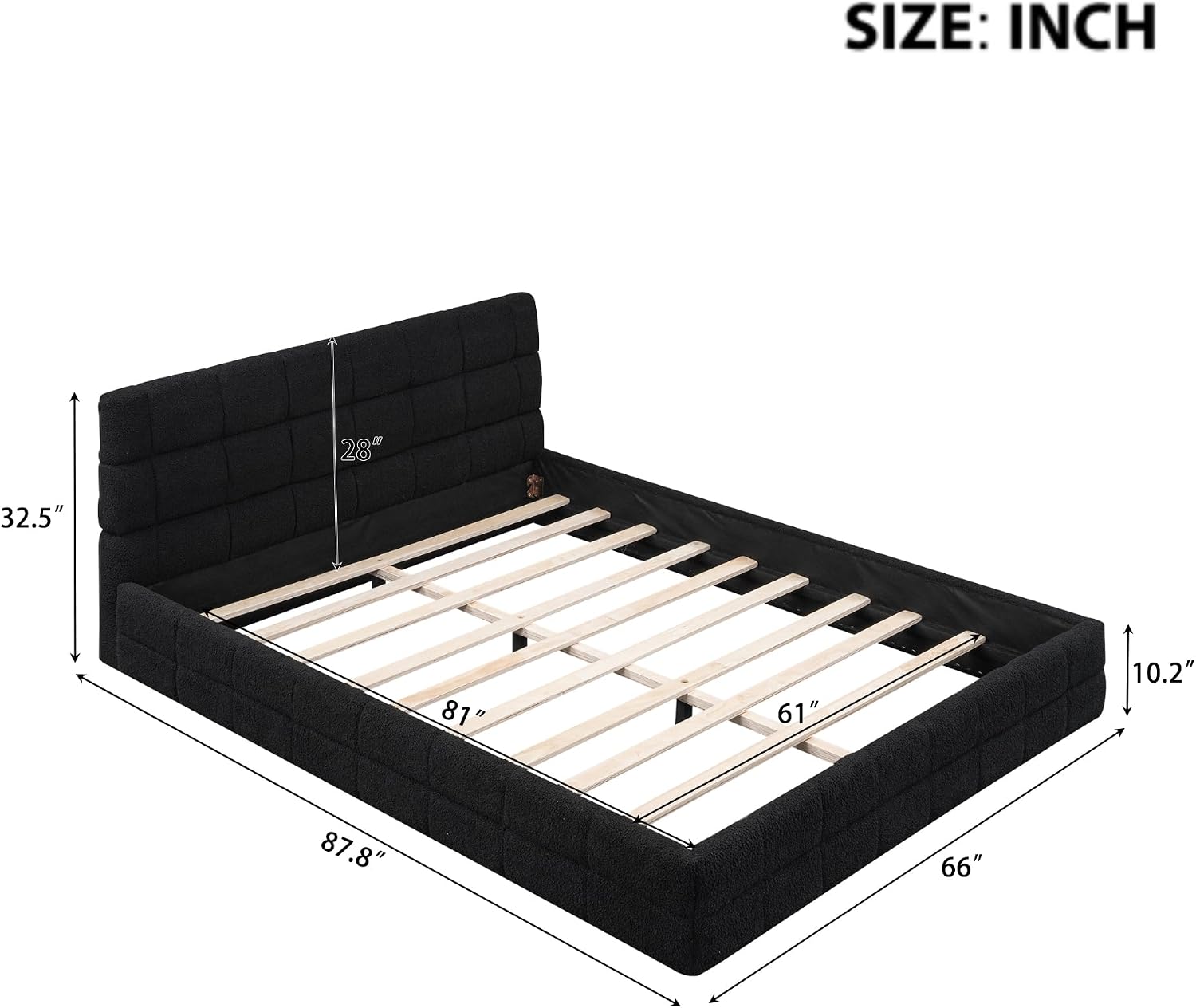 Ball & Cast Queen Size Low Bed Frame with Soft Fleece Headboard, Grounded Floor Platform Bed with Wood Slats Support for Kids Teens Adults, No Box Spring Needed,Easy Assembly,Black