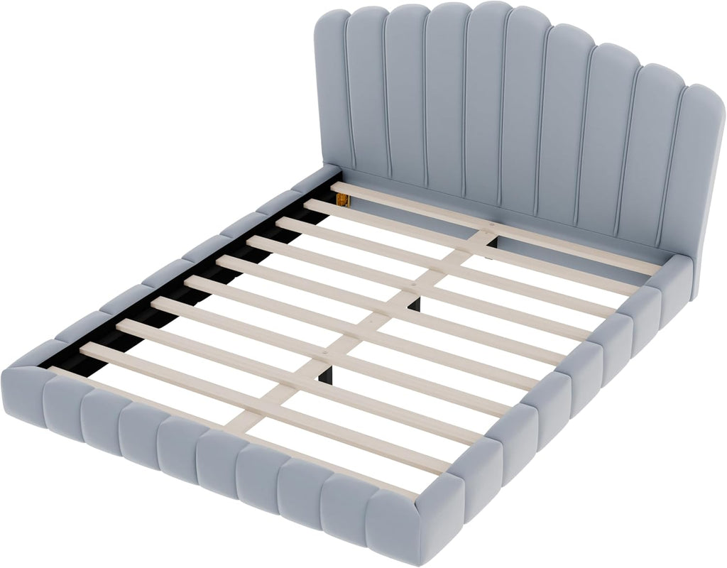 JIVOIT Velvet Upholstered Platform Bed, Queen Bed Frame with Shell-Shaped Headboard, Low-Profile Platform Design with Wood Slats Support, No Box Spring Needed (Light Blue * 167)