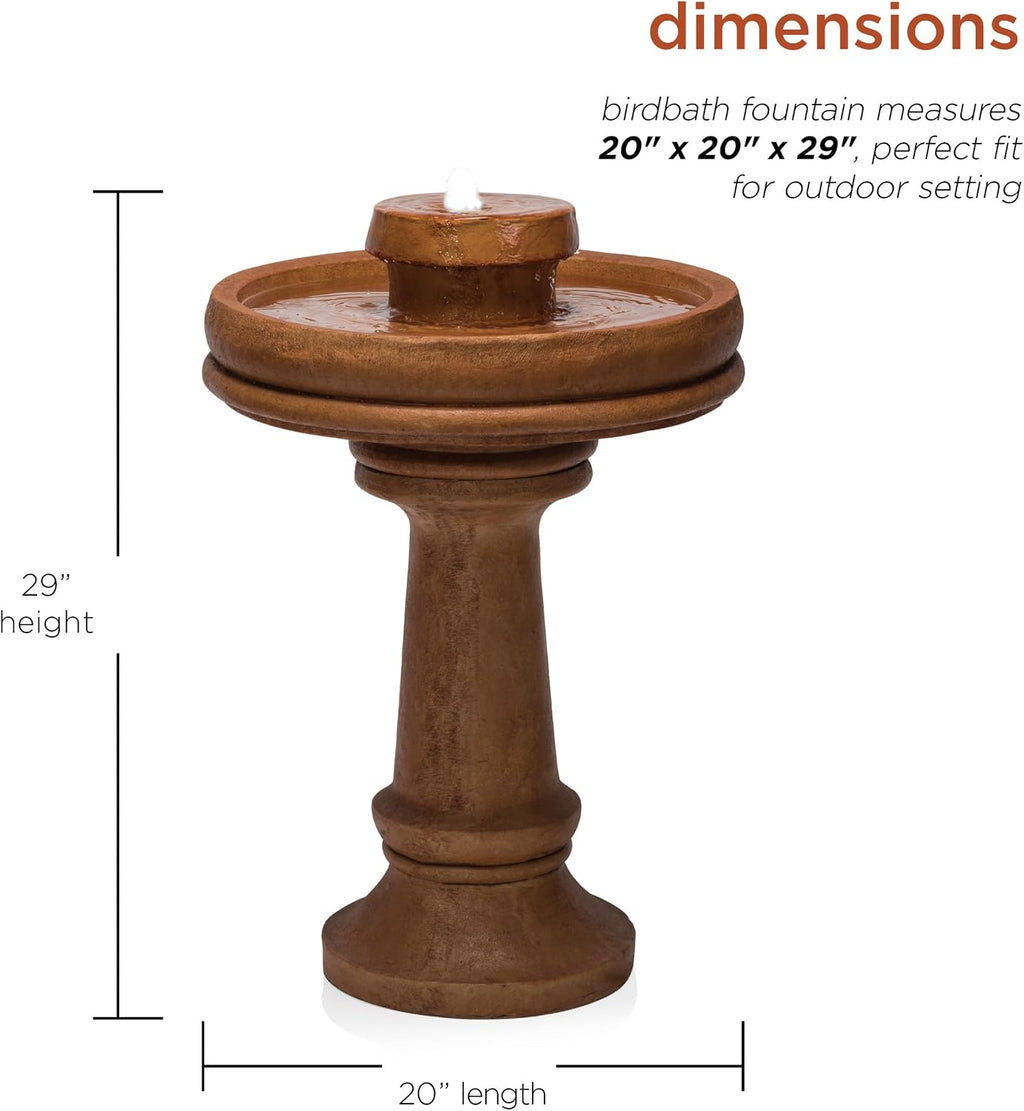 Alpine Corporation TZL202 Outdoor Floor Vintage Pedestal Water Fountain with Bird Bath and LED Lights, 29', Brown