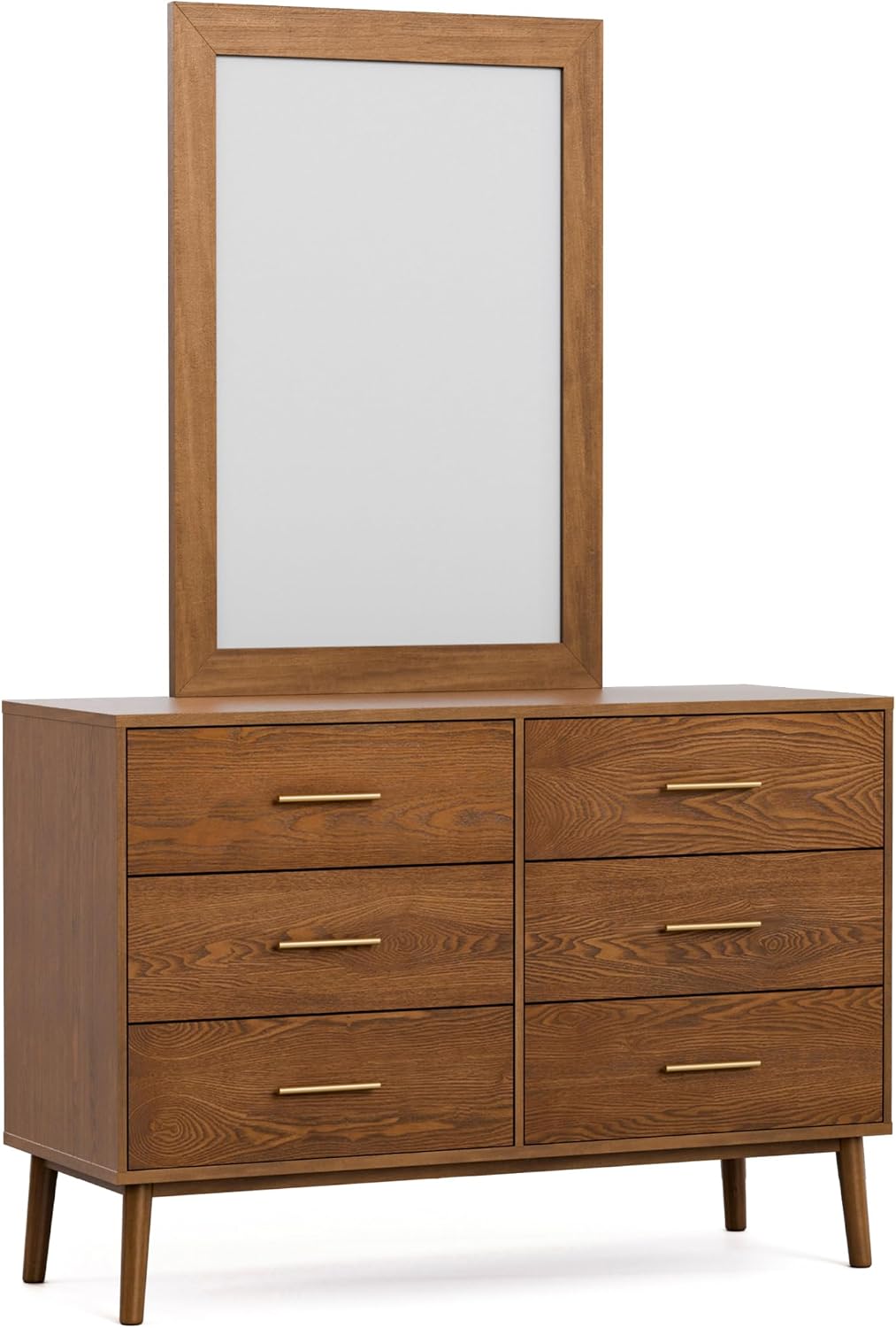 Furniture of America Wyatt Modern Solid Wood Bedroom Collection with Queen Bed Frame, Nightstands, Dresser with Mirror, Chest, No Box Spring Needed, Walnut, Standard Low Profile, 6-Piece Set