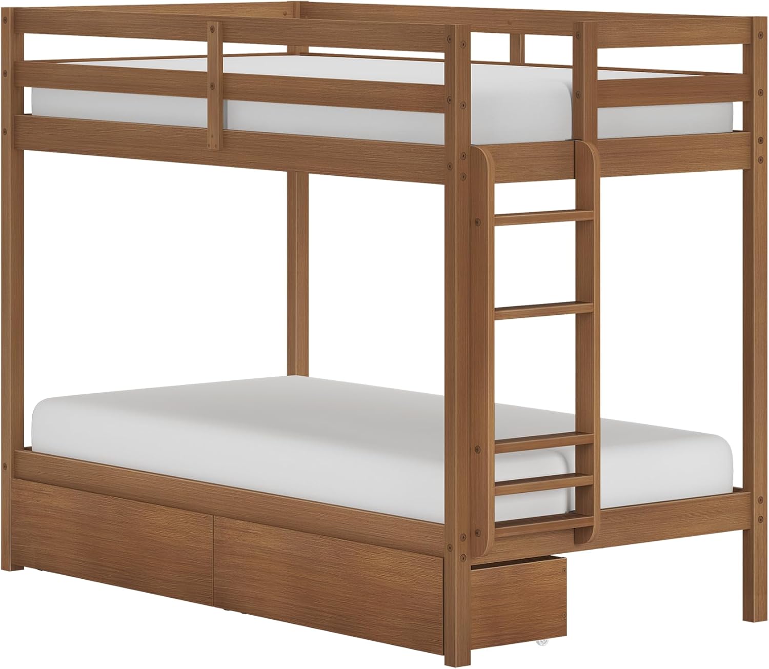 Grain & Grove Bear Twin Over Twin Bunk Bed with Storage Drawers, Sturdy Bunk Bed Frame for Kids, Plywood Bunk with Ladder, Guardrail, and Slats, No Box Spring Required, Oak Embossed Pecan
