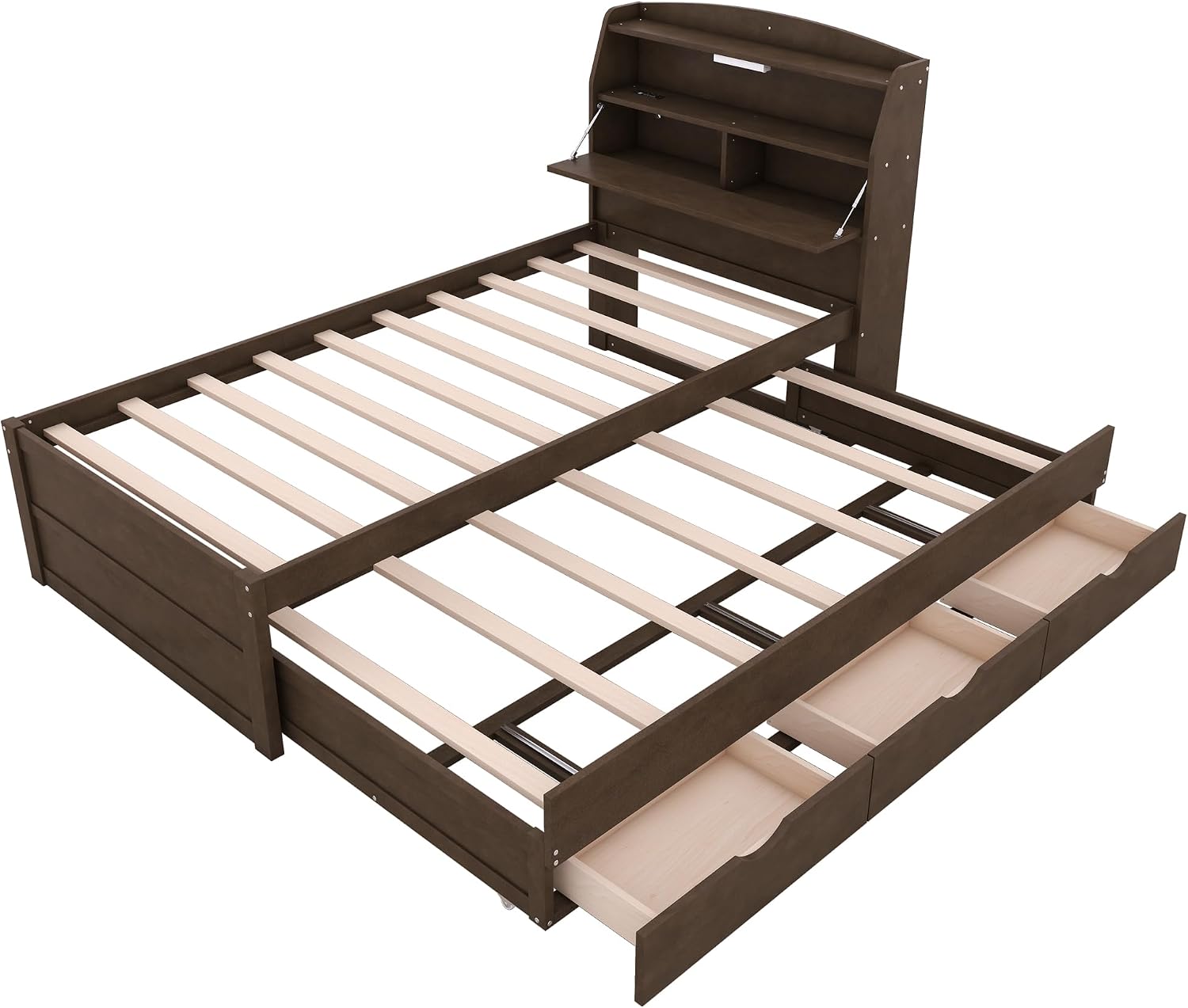VilroCaz Modern Multi-Function Twin Size Platform Bed with Trundle and 3 Drawers, Wood Captain Platform Bed Frame with Storage Headboard and Night Light, Maximized Space