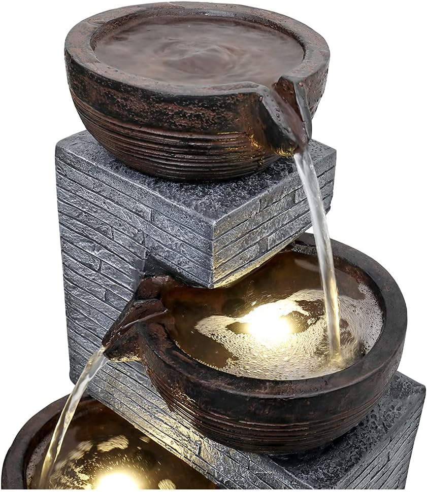 SunJet Indoor/Outdoor Cascading Water Fountain - 40.1inches Garden Fountains with Warm Lights, 4 Bowls Waterfall Feature for Home Deck, Patio, Porch, Yard Decor