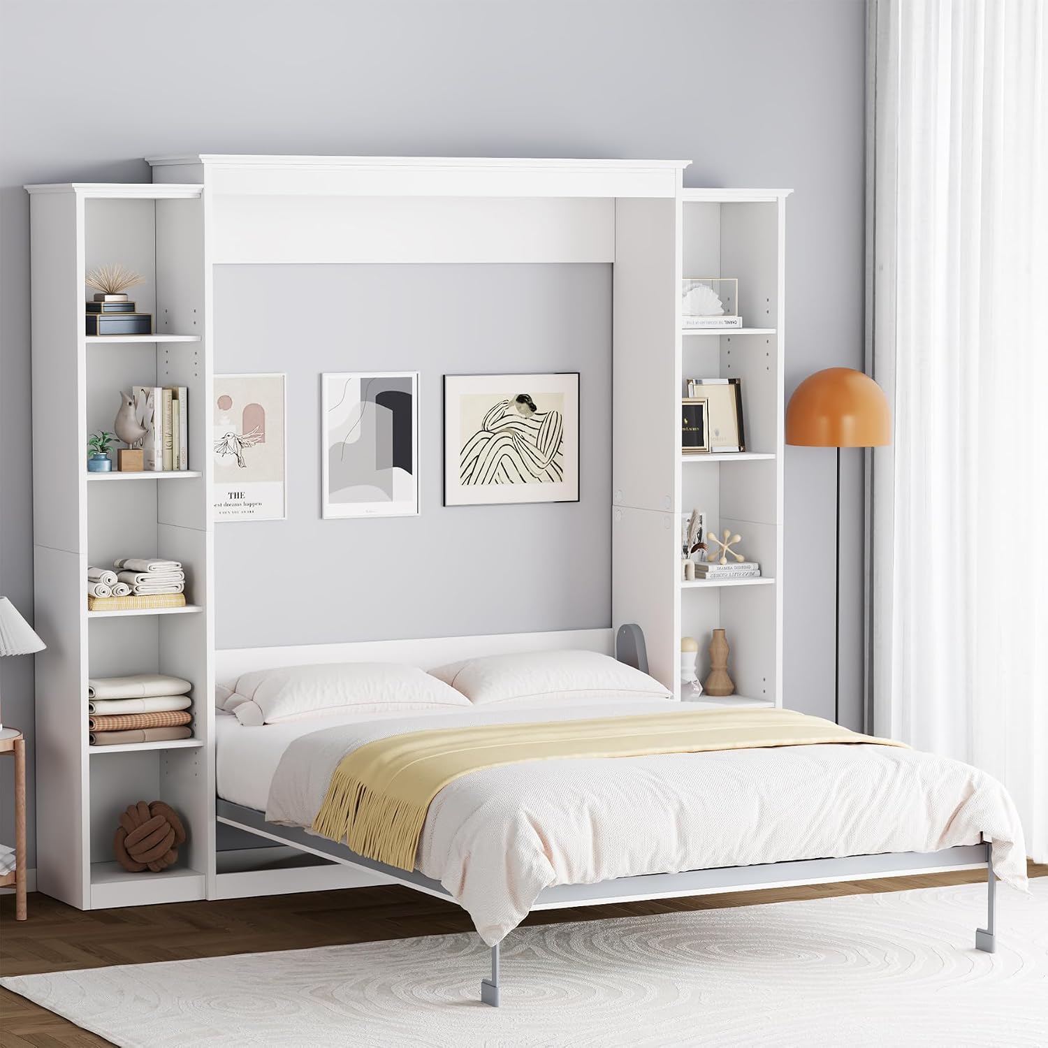 Rophefx Full Murphy Bed Cabinet with 5-Tier Adjustable Storage Shelves, Wood Full Wall Bed Cabinet Bed, Space Saving Beds, Hidden Bedframe, Foldable Platform Beds for Guest Room, Bedroom, White