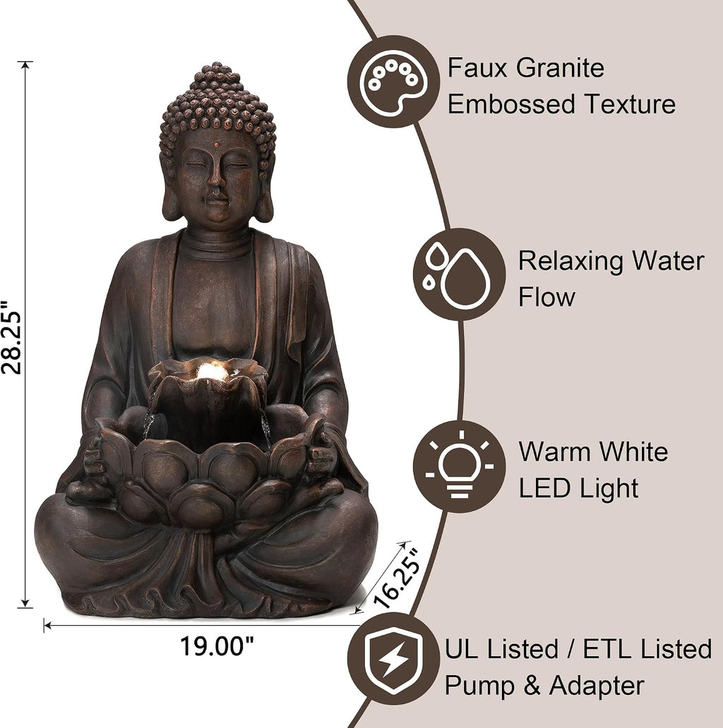 Glitzhome Buddha Fountain with Pump & LED Light, 2 Tier Zen Style Meditating Buddha Water Fountain Outdoor Fountains and Waterfalls Outdoor Buddha Statues for Garden Patio Backyard 28.25' H