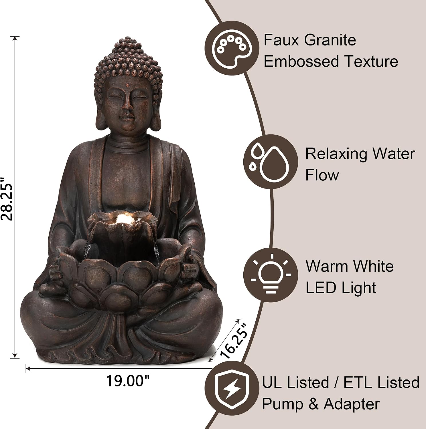Glitzhome Buddha Fountain with Pump & LED Light, 2 Tier Zen Style Meditating Buddha Water Fountain Outdoor Fountains and Waterfalls Outdoor Buddha Statues for Garden Patio Backyard 28.25' H