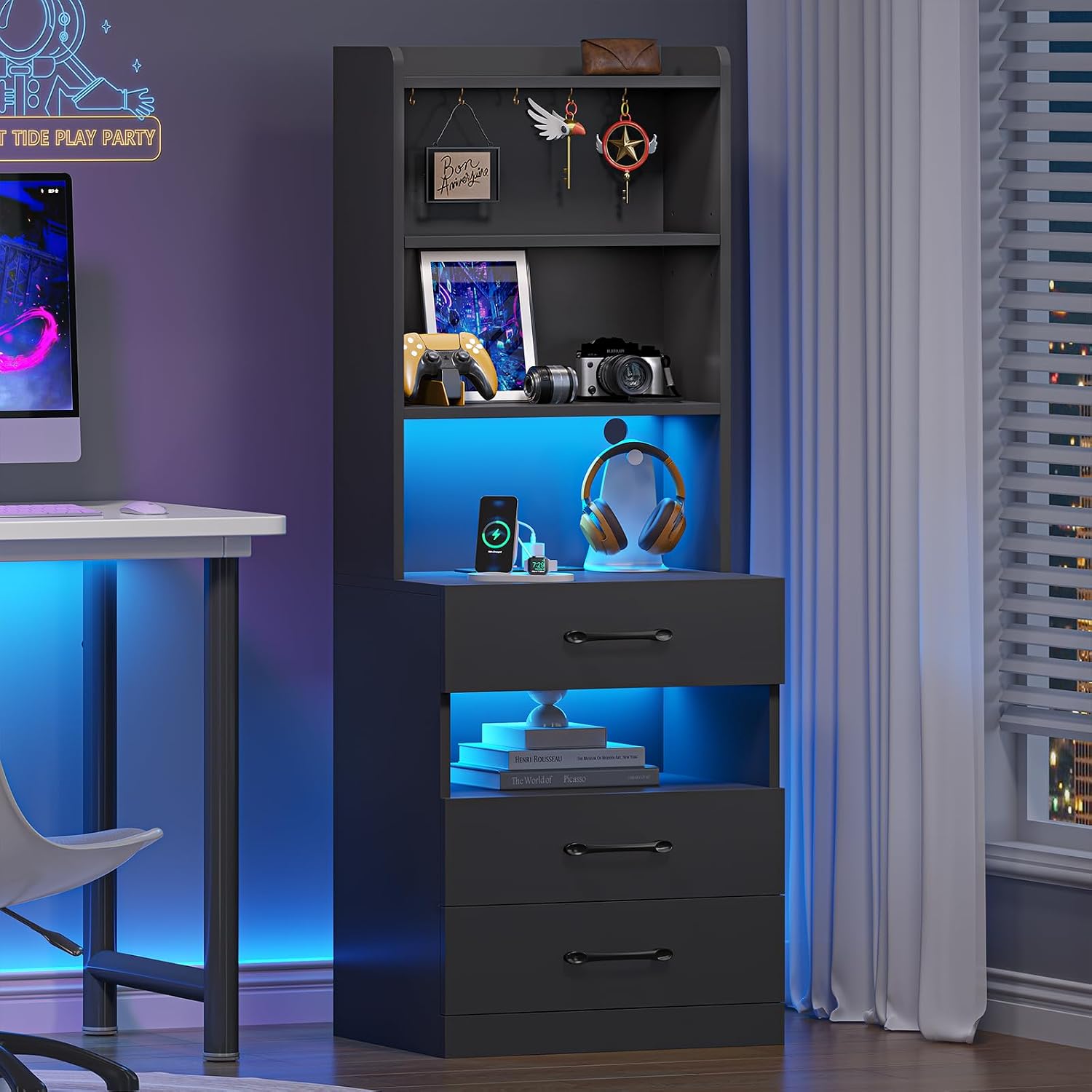 VIAGDO Tall Nightstand Set of 2 with Charging Station and LED Lights, Black Night Stand Set 2 with Bookshelf, Modern LED Bedside Tables with 3 Drawers and Storage Shelves, Side Tables for Bedrooms
