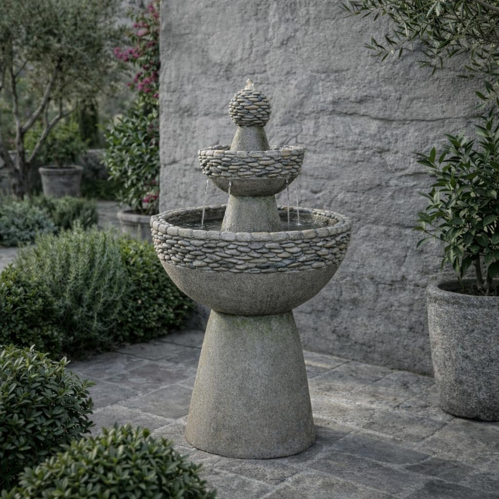 Teamson Home 36.5 in. Outdoor 3-Tier Zen-Style Pedestal Water Fountain in. with Stone Trim with Pump and 2.64 Gallon Capacity, Stone Gray