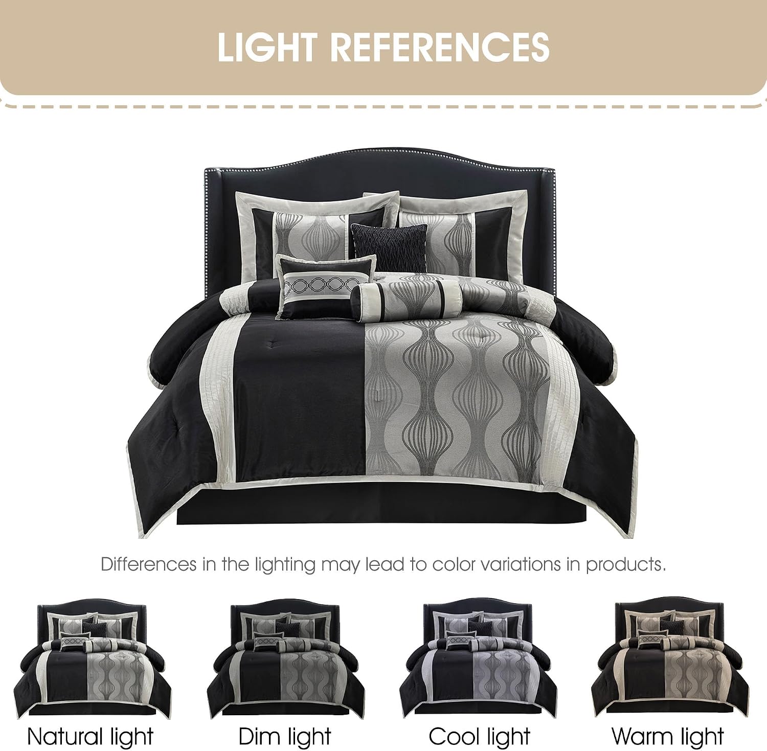Stratford Park Black and Silver Comforter Set King Size, Elegant 7 Pieces Striped All Season Bedding Set