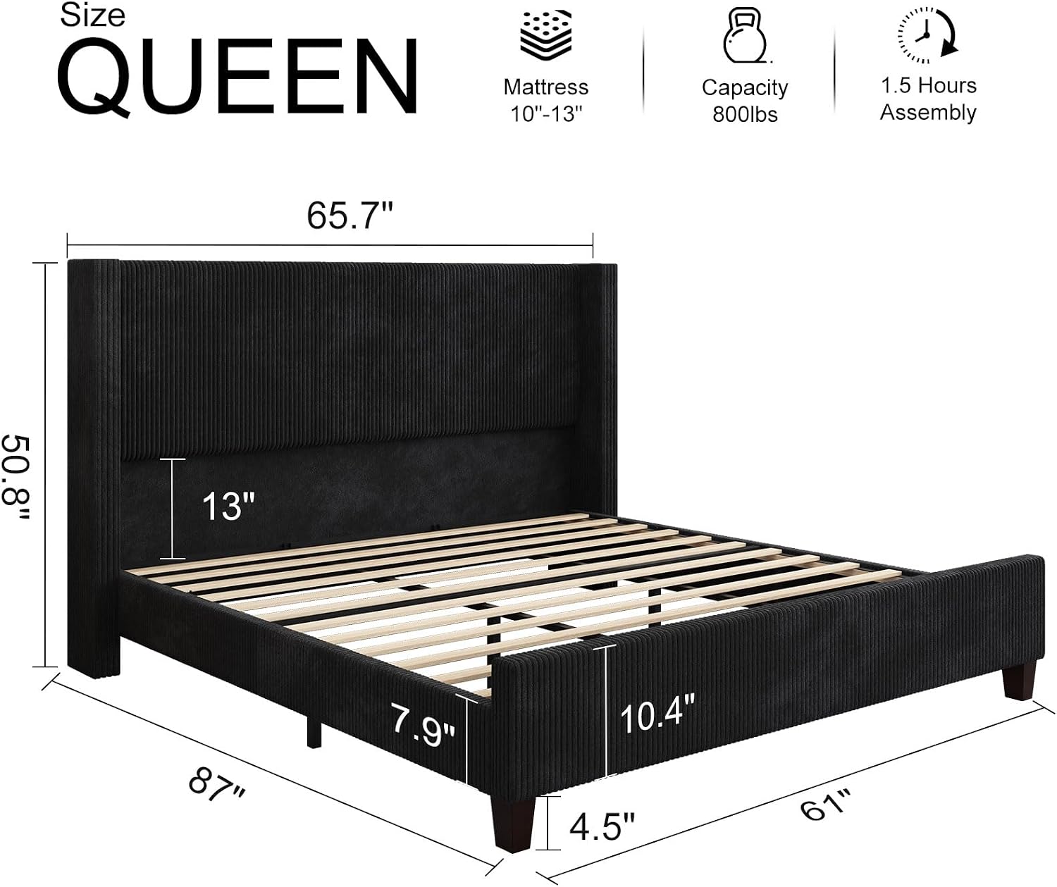 HOWE Queen Size Bed Frame with 50.8' Tall Wingback Headboard, Modern Corduroy Upholstered Platform Bed Frame with Solid Wood Slats & Legs, No Box Spring Needed, Noise-Reducing Design, Black