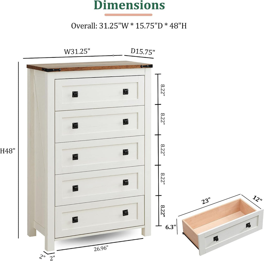 RedLemon Farmhouse 5 Drawer Dresser, 48' Tall Rustic Chest of Drawers, Wood Dresser for Bedroom, Living Room, Hallway, Antique White