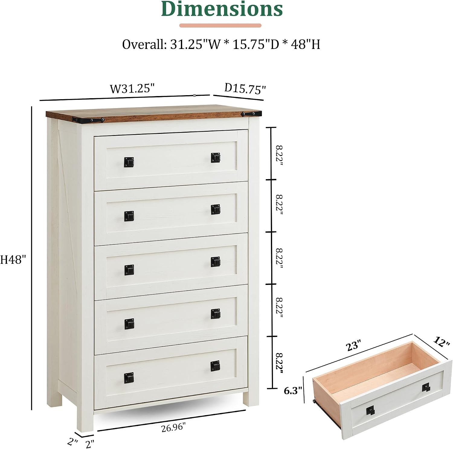 RedLemon Farmhouse 5 Drawer Dresser, 48' Tall Rustic Chest of Drawers, Wood Dresser for Bedroom, Living Room, Hallway, Antique White