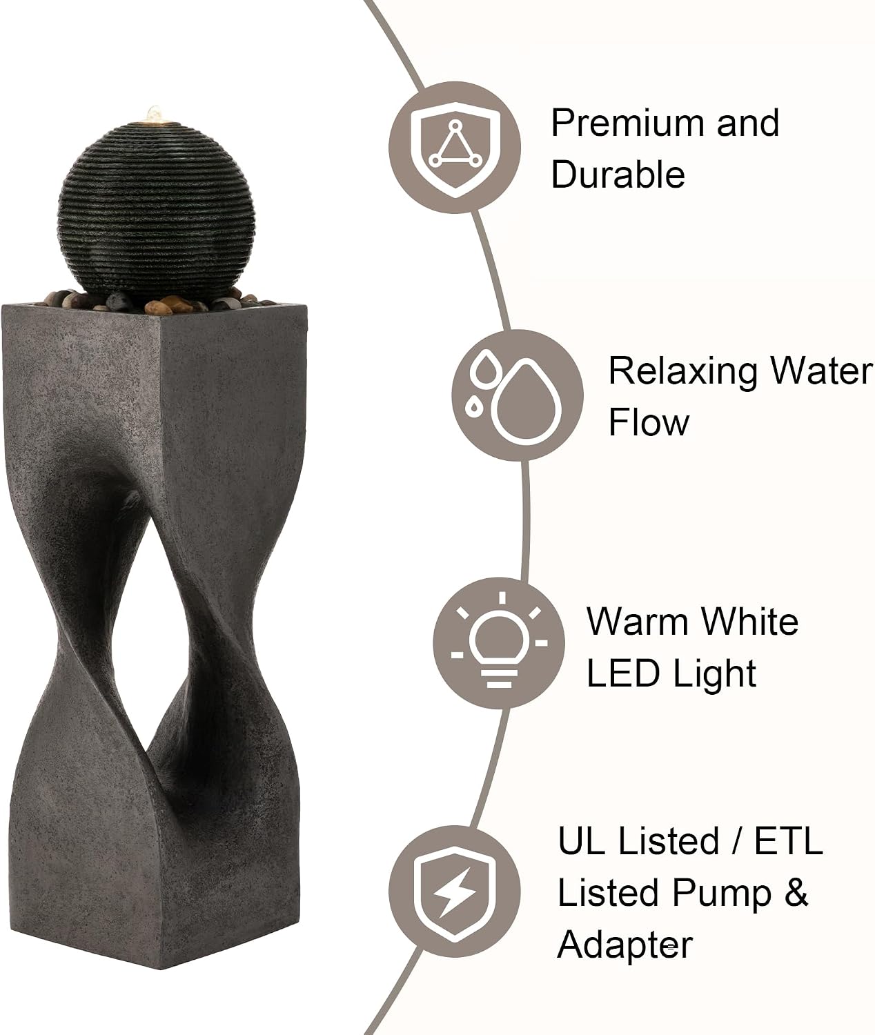 Glitzhome Outdoor Water Fountain, Outdoor Fountain with Lights, 36.5' H Modern Geometric Pedestal and Sphere Polyresin Outdoor Floor Standing Fountain with Pebbles, Pump for Garden, Patio, Backyard