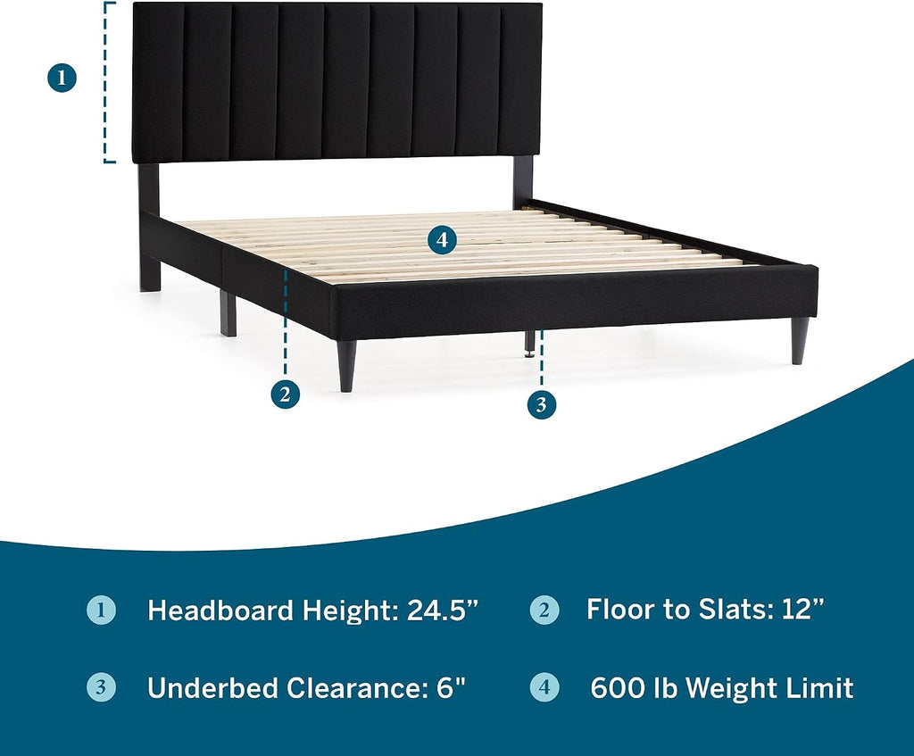 Lucid Full Bedframe with Vertical Channeled Headboard — Upholstered Platform Bed — Easy Assembly — Full Size — No Box Spring Needed — Black Color