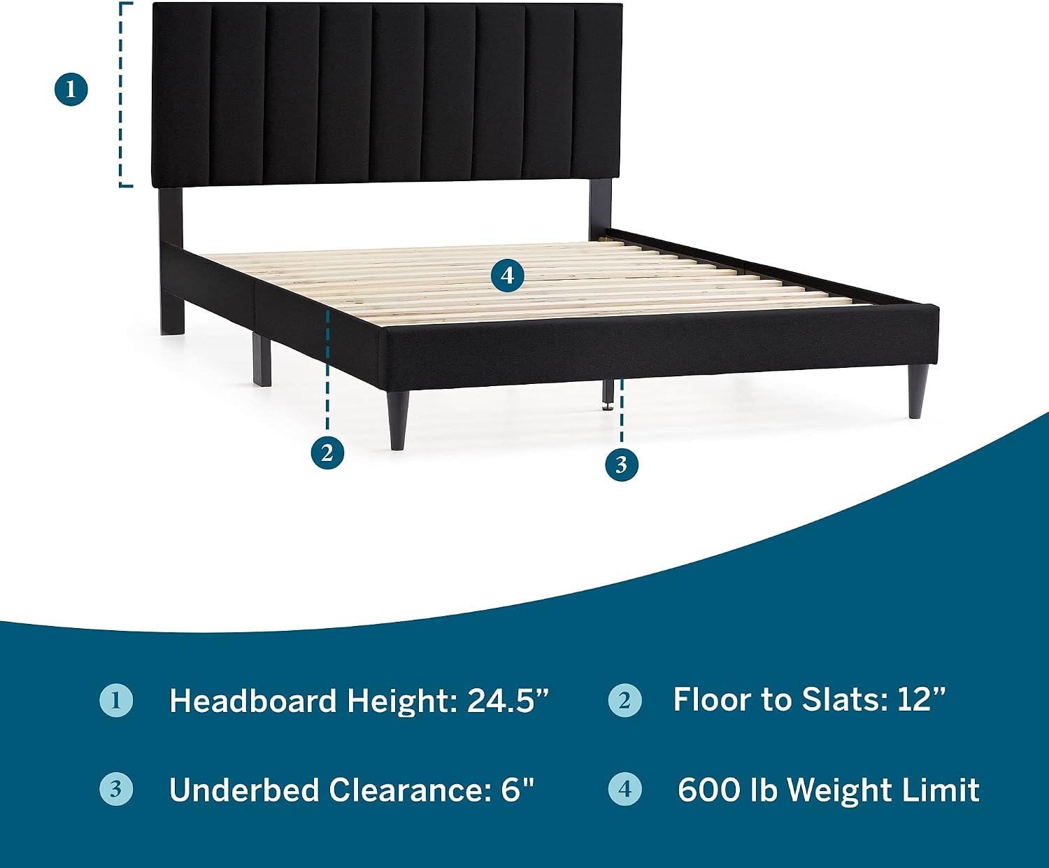 Lucid Full Bedframe with Vertical Channeled Headboard — Upholstered Platform Bed — Easy Assembly — Full Size — No Box Spring Needed — Black Color