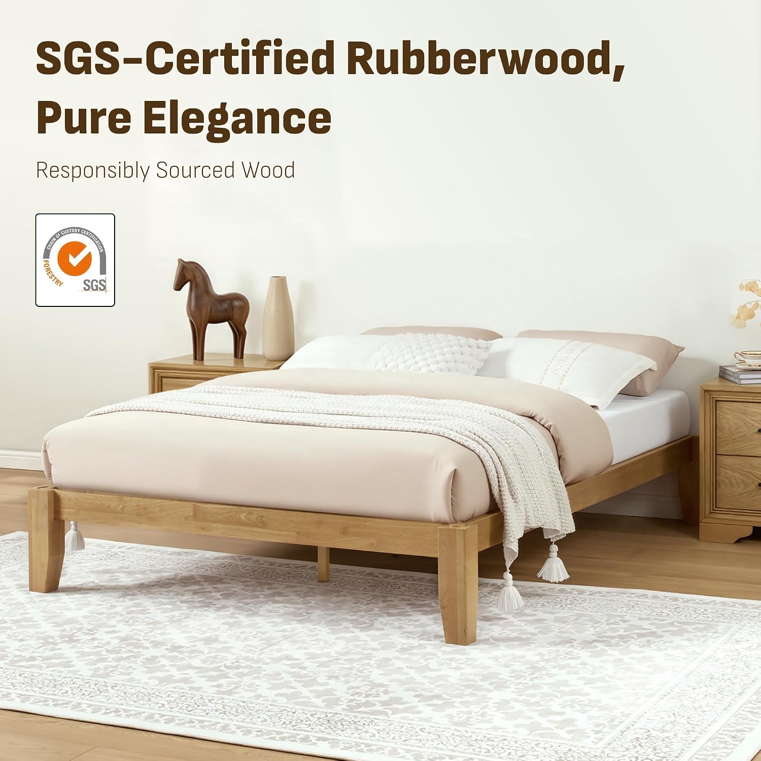 Softa Mikor Queen Japanese Joinery Bed Frame, Solid Rubberwood Platform Bed, 1500 Lbs Heavy Duty Slats Support, SGS Certified, 15Min No-Tool Setup, Under-Bed Storage, No Box Spring Needed, Noise-Free