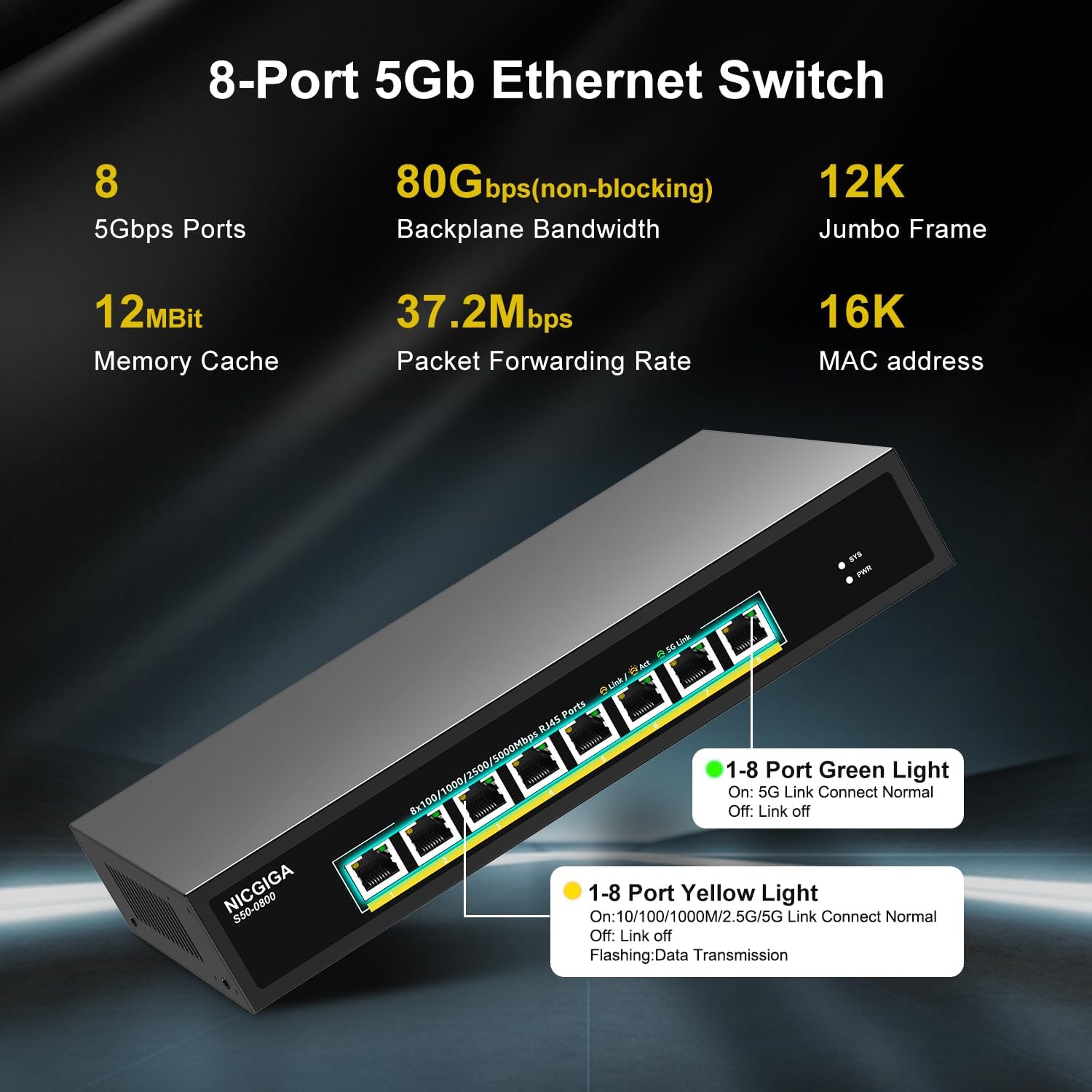 8 Port 5G Ethernet Switch Unmanaged,with 8X 5Gb Base-T Ports, NICGIGA 5Gbps Network Switch Easy for 5G NAS,PC,WiFi7 Router,5Gbe Adapter/NIC. Desktop or 19-inch Rack Mount, Plug and Play.