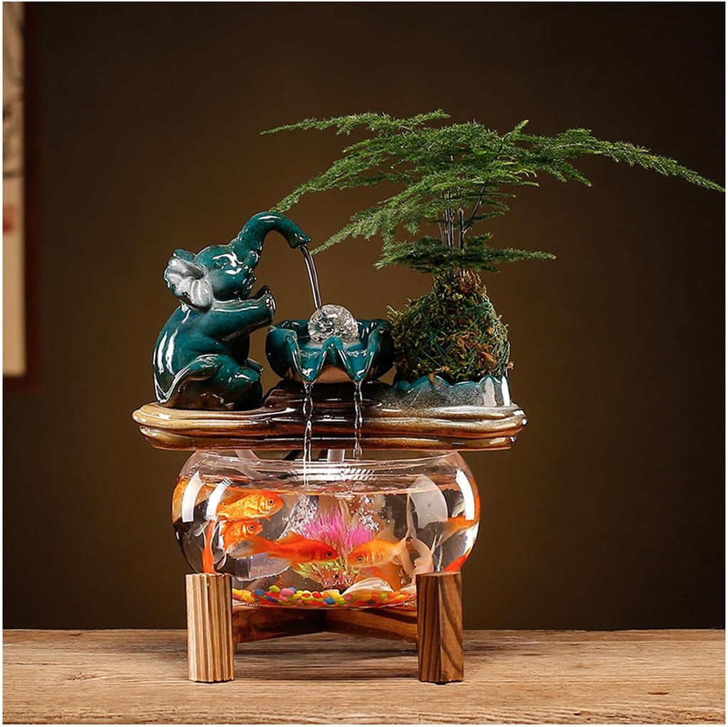 Ceramic Lucky Elephant Indoor Waterfall Fountain Aquarium Indoor Feng Shui Zen Decor Tabletop Water Fountain Glass Fish Tank for Home(Blue)