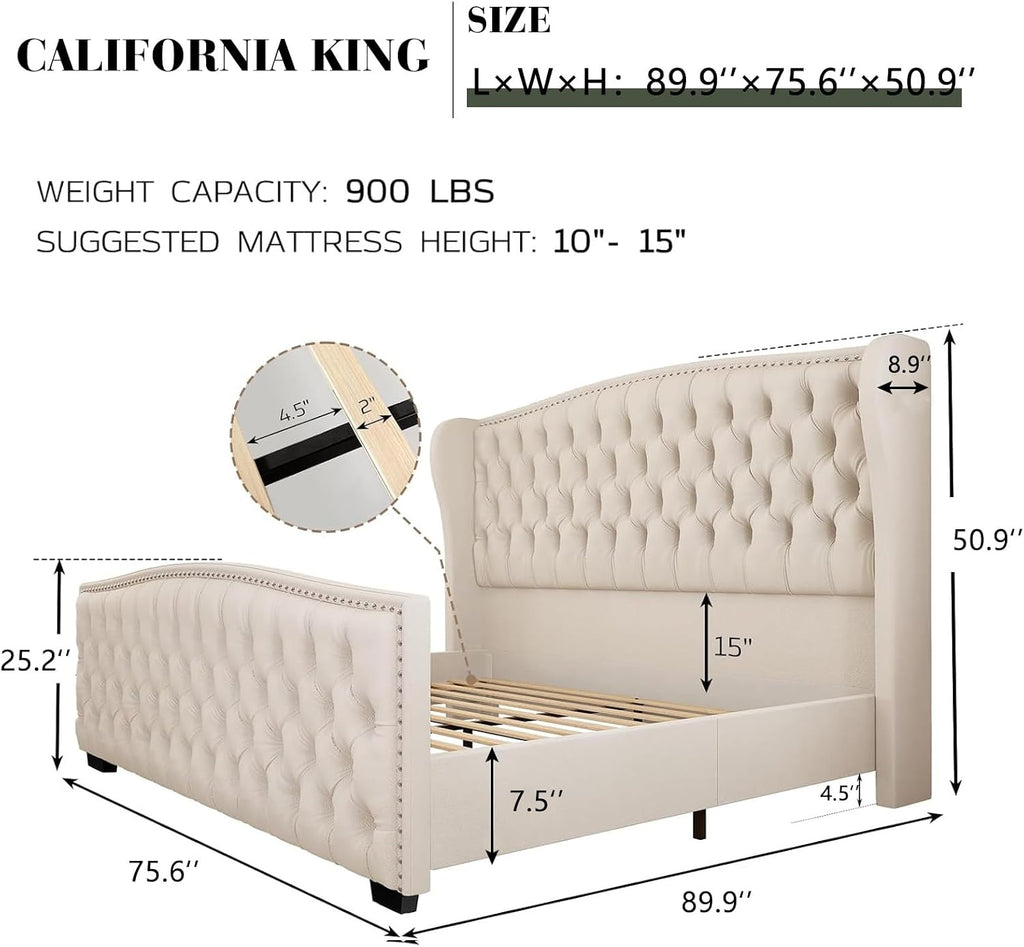 LUXOAK California King Platform Bed Frame, Velvet Upholstered Bed Frame with Wingback Headboard Handmade, Button Tufted & Nailhead, Wooden Slats Support, Cream